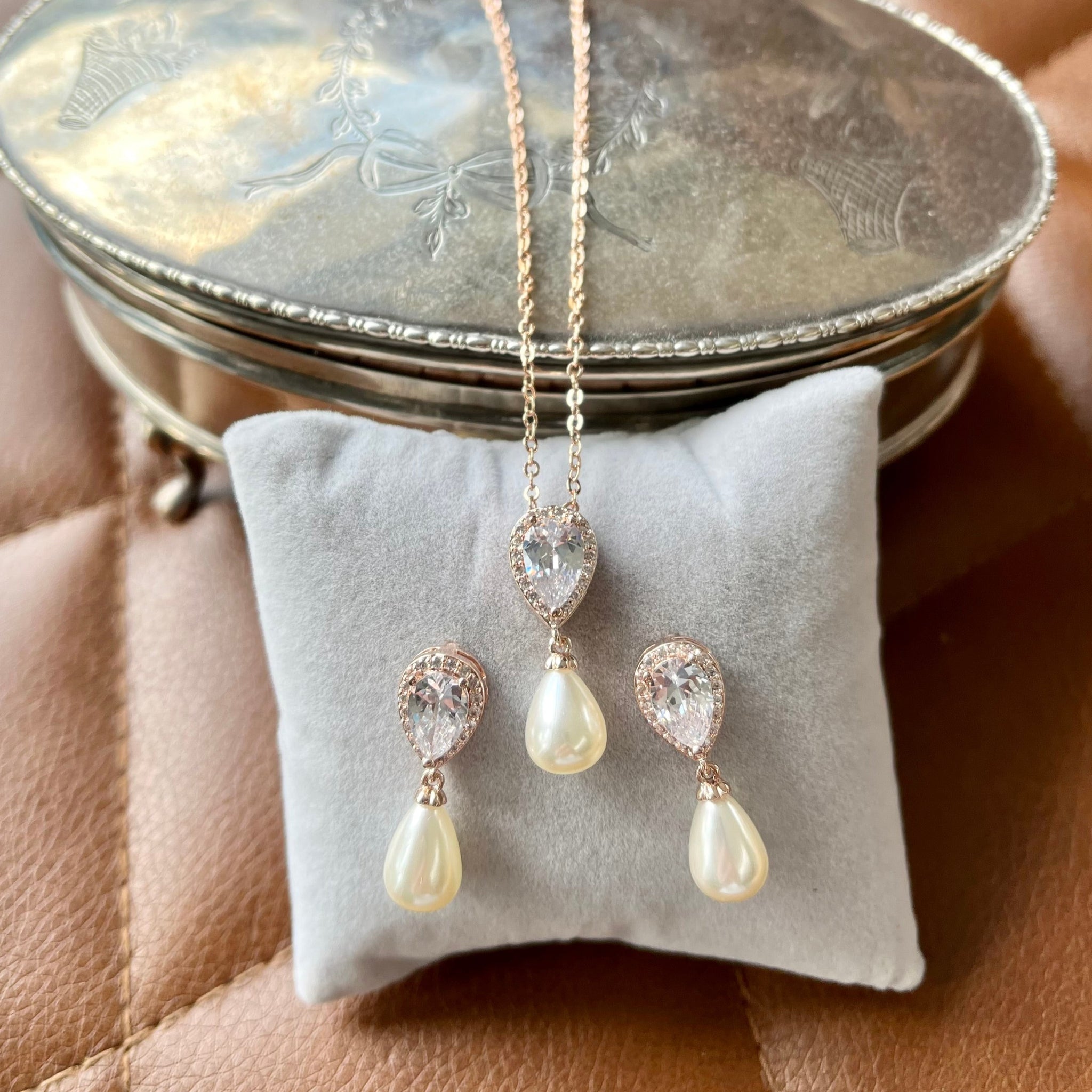 Alisha Jewellery Set, Rose Gold Crystal Teardrop Pearl Earrings with Pendant Necklace
