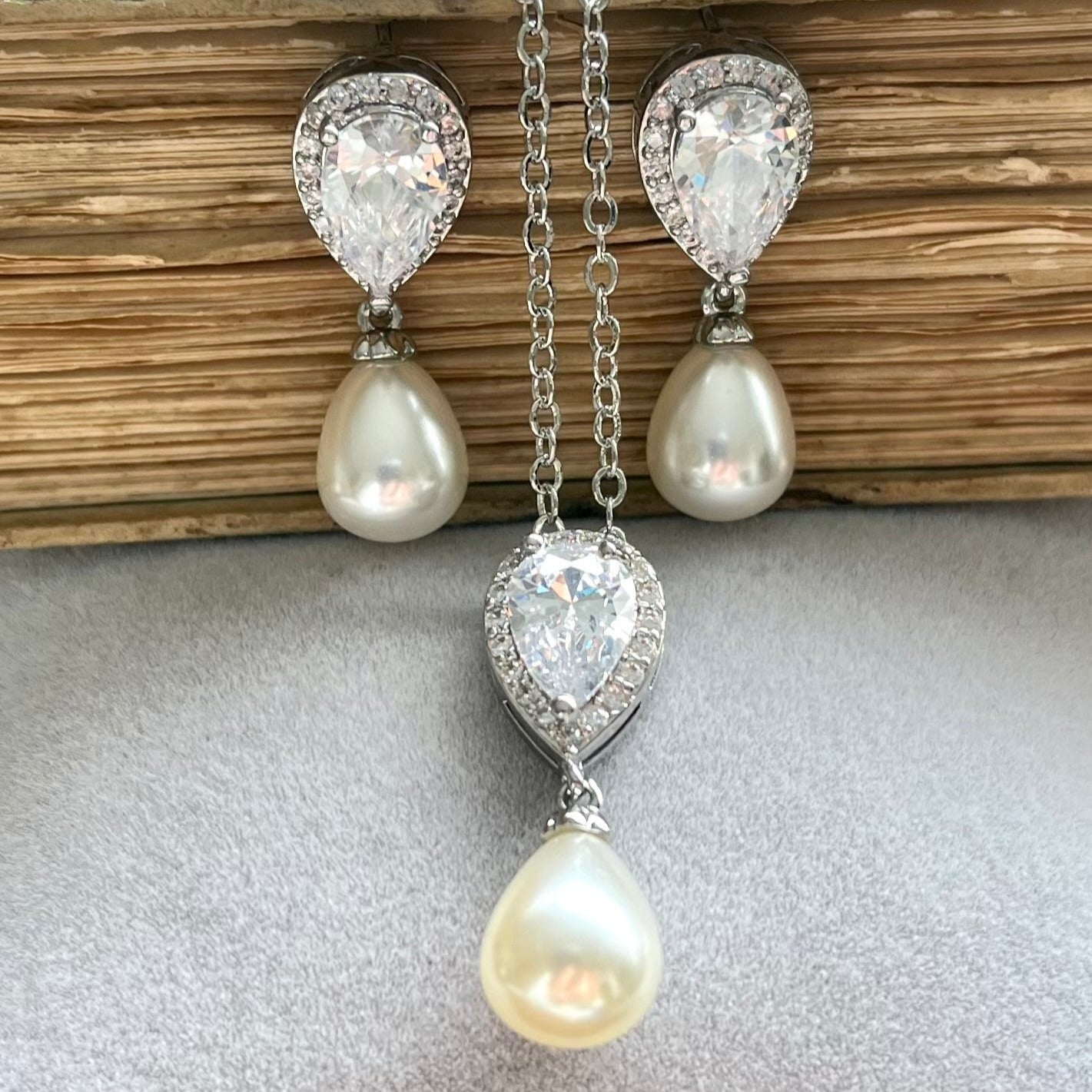 Alisha Jewellery Set, Silver Crystal Teardrop Pearl Earrings with Pendant Necklace