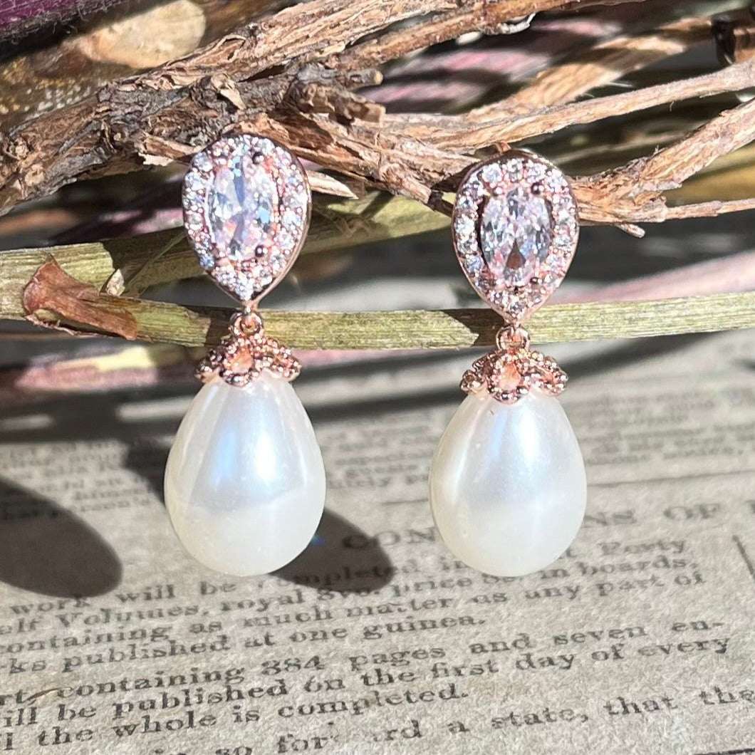 Christine, Crystal Pearl Drop Earrings in Rose Gold Jules Bridal
