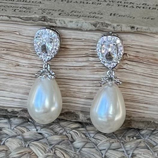 Christine, Crystal Pearl Drop Earrings in Silver