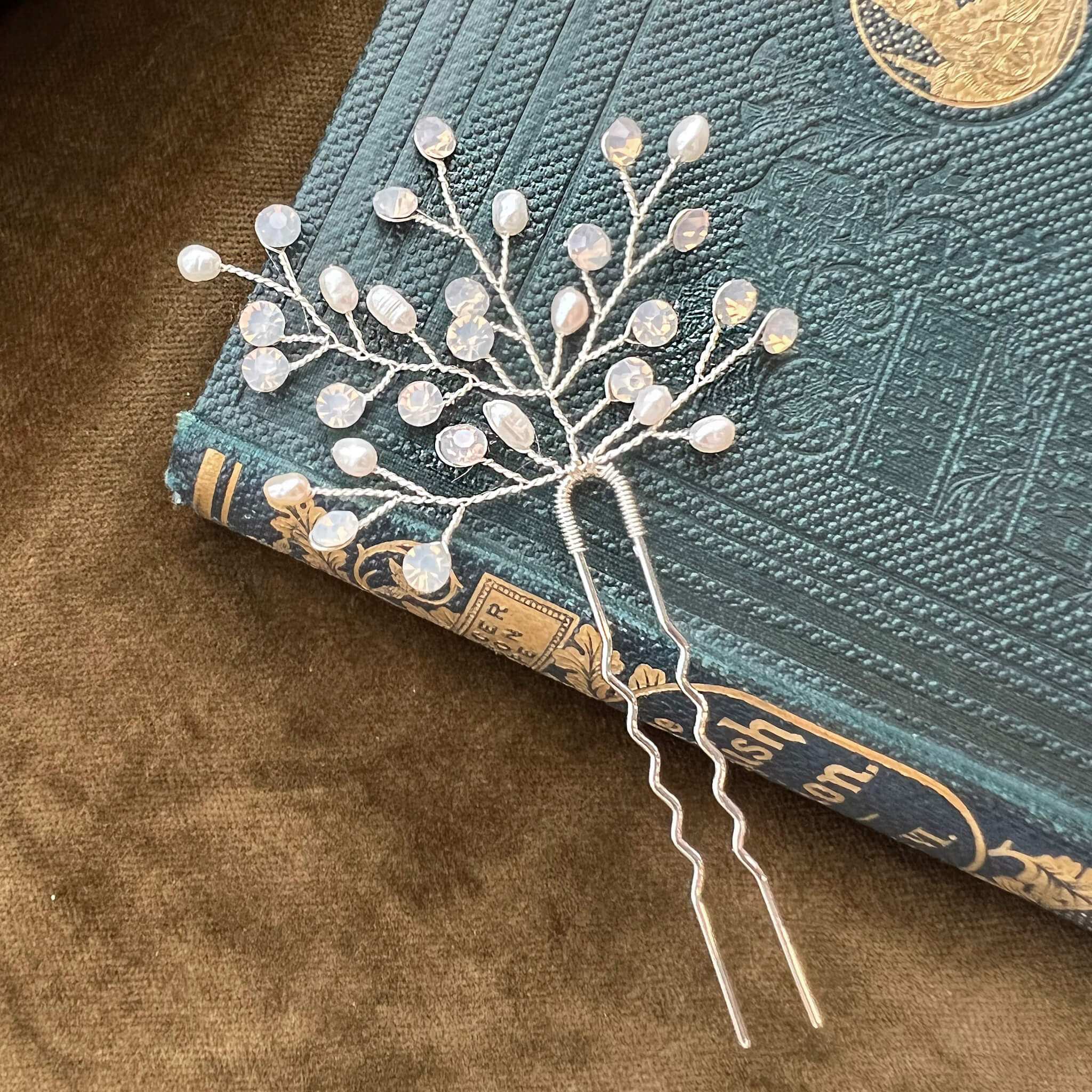 Jules Bridal - Linnea, Opal and Pearl Hair Pin in Silver