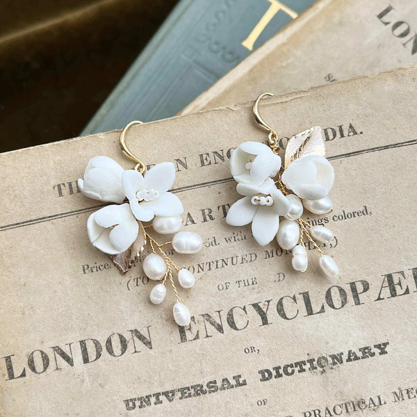 Primrose, White Ceramic Floral Drop Earrings - Jules Bridal