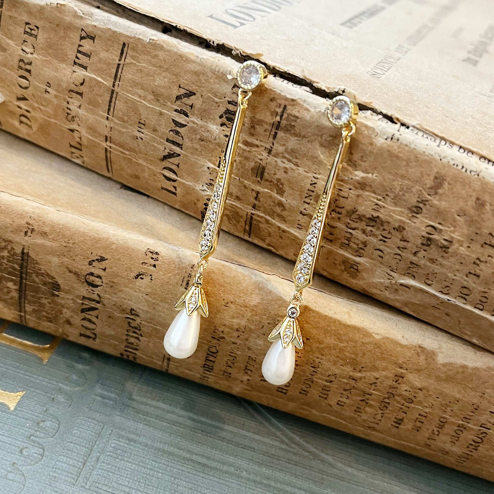 Violet, Teardrop Pearl Earrings in Gold