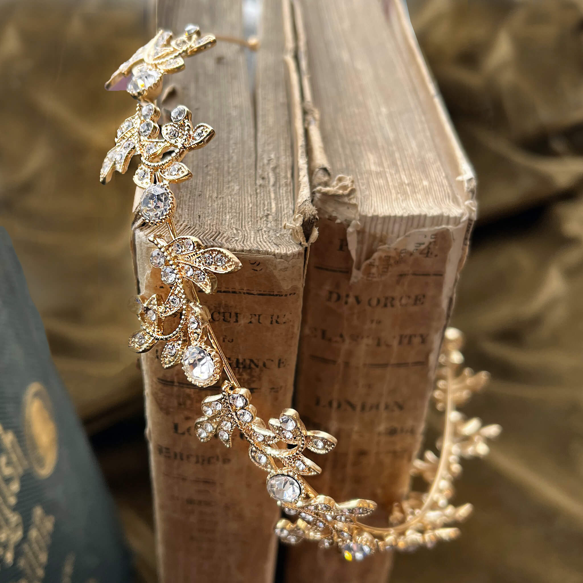 Jules Bridal - Acanthus, Gold Crystal Stylized Leaf Tiara Headband