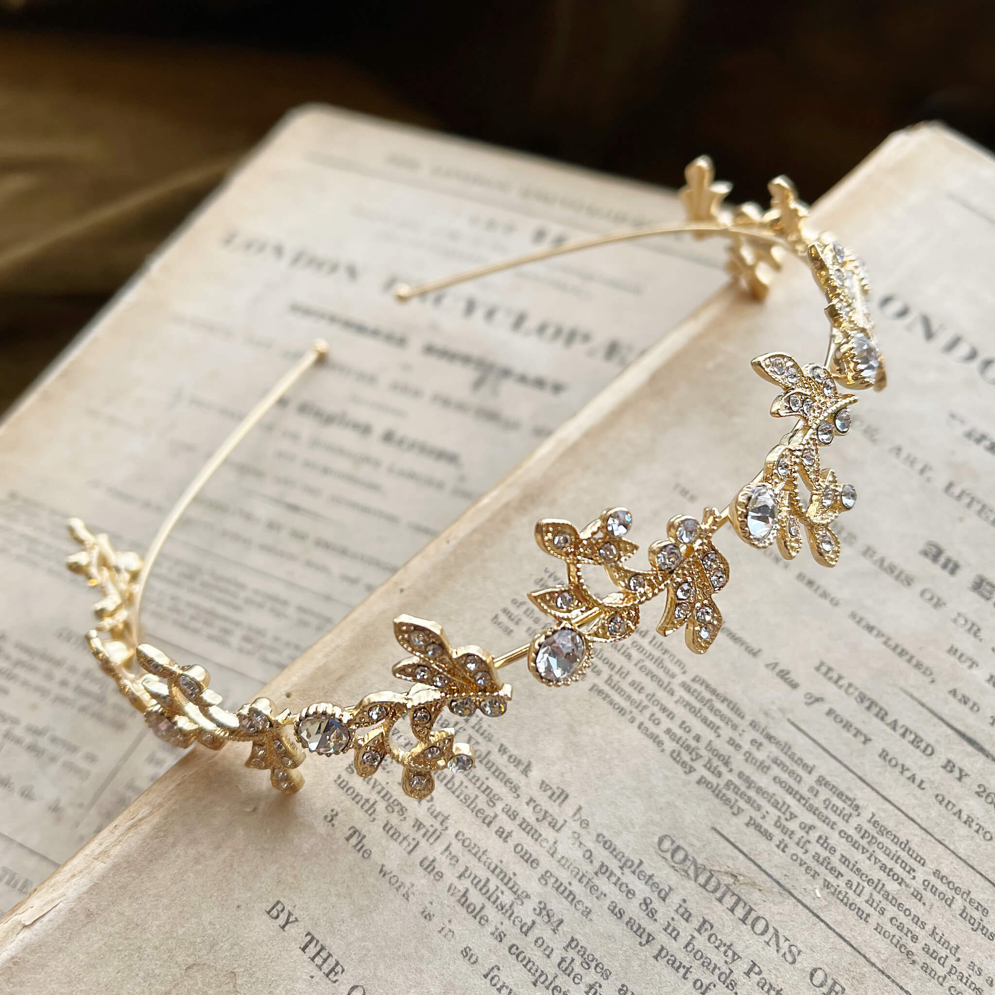 Jules Bridal - Acanthus, Gold Crystal Stylized Leaf Tiara Headband