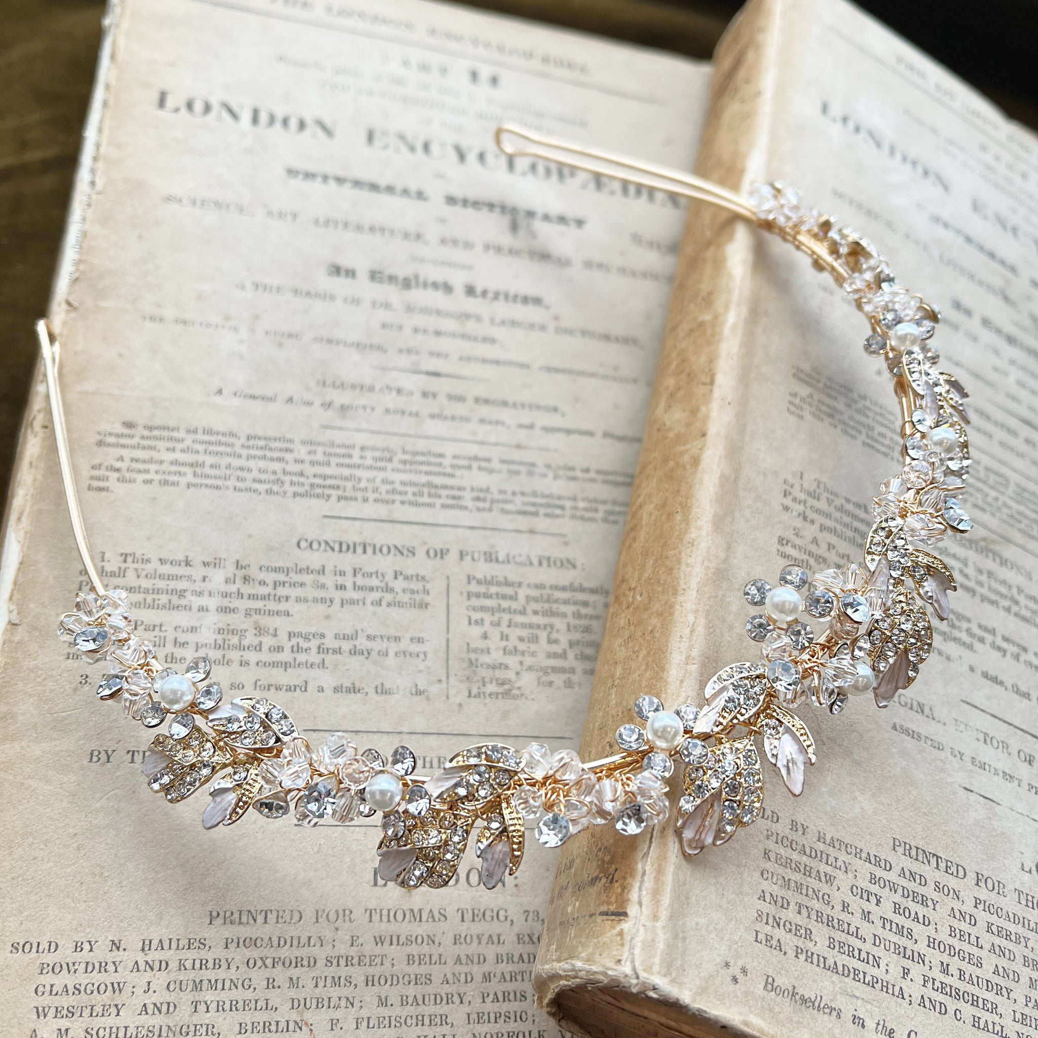 Jules Bridal - Agneta, Gold Crystal Pearl Floral and Foliage Tiara Headband