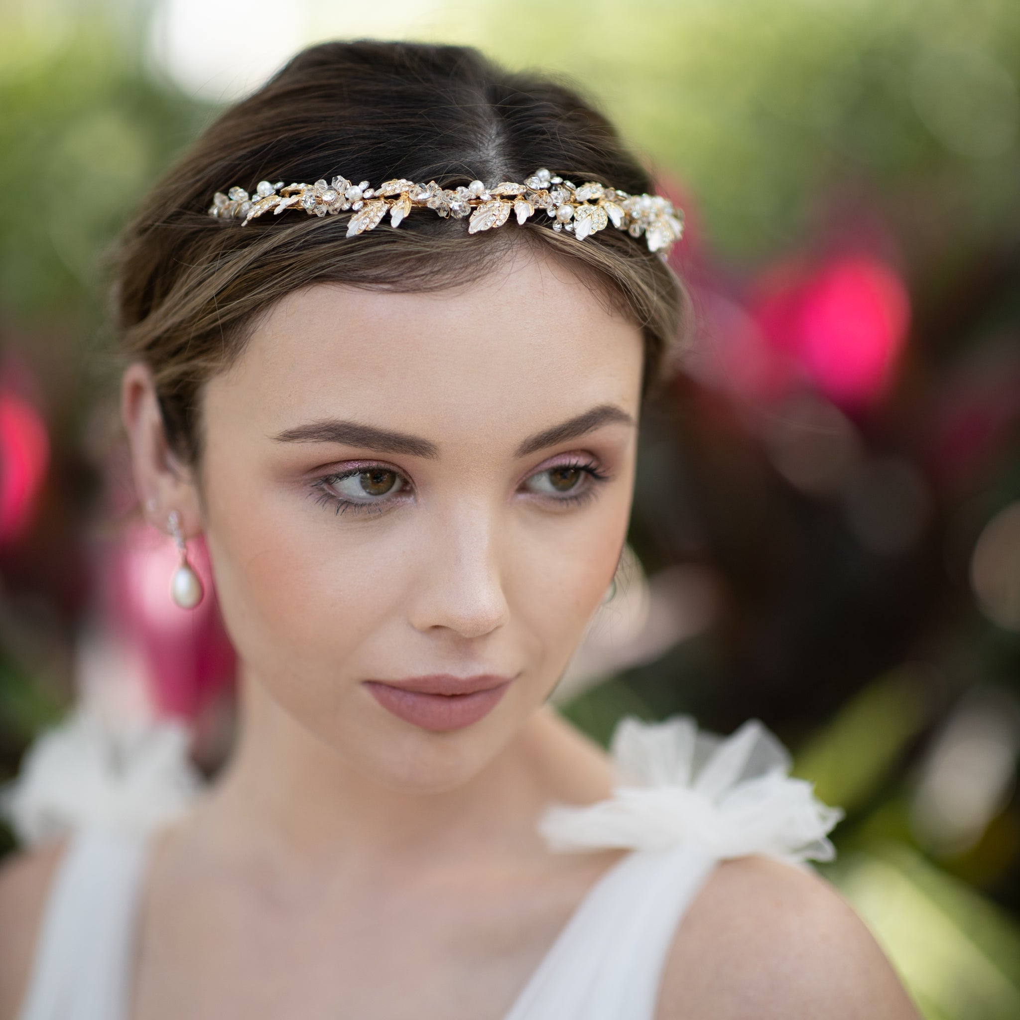 Agneta, Gold Crystal and Pearl Floral and Foliage Tiara Headband