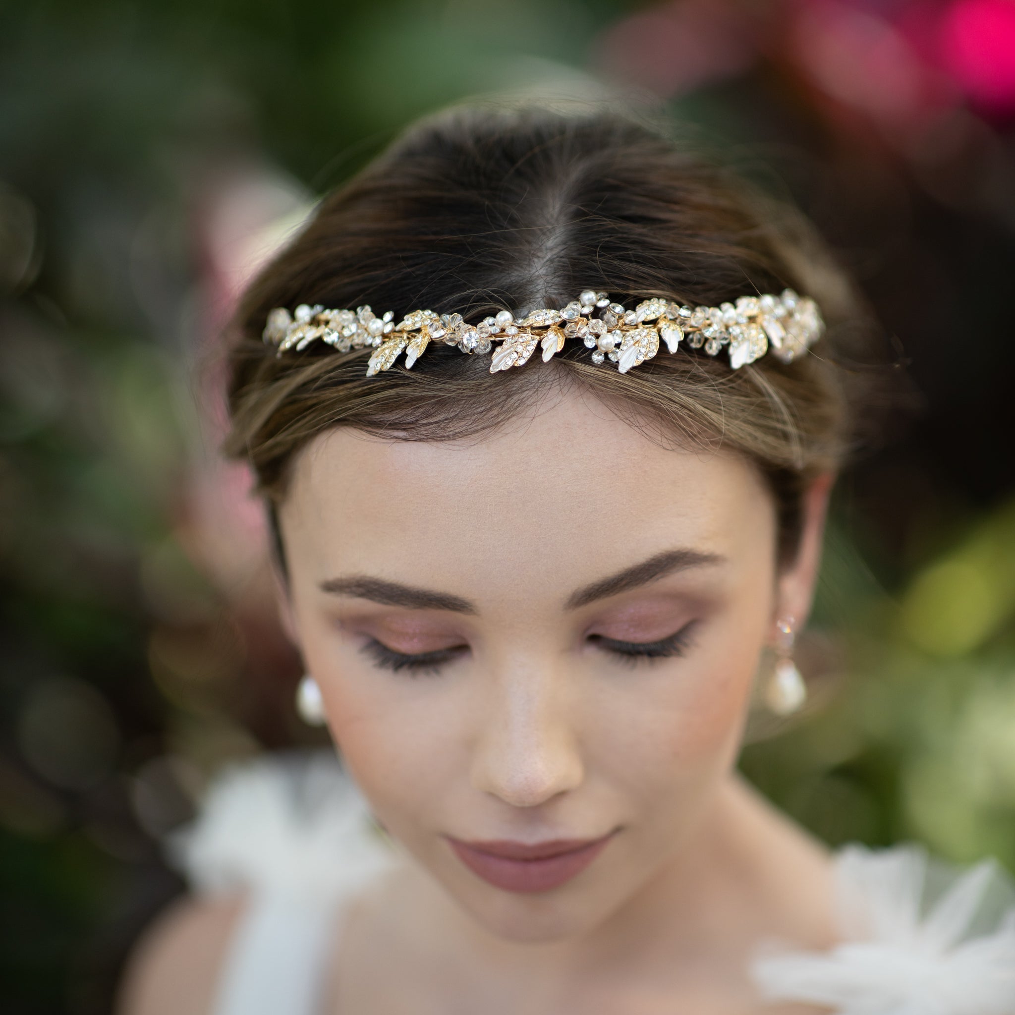 Jules Bridal - Agneta, Gold Crystal and Pearl Floral and Foliage Tiara Headband