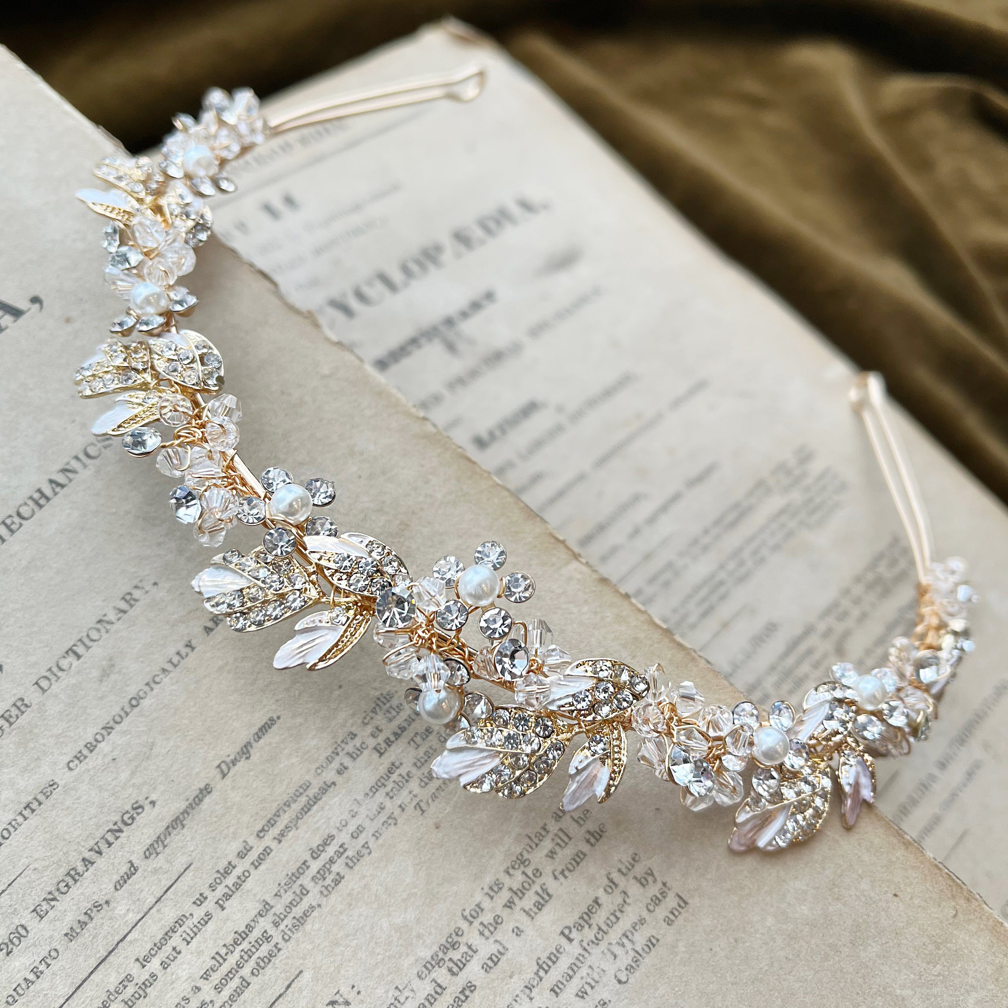 Jules Bridal - Agneta, Gold Crystal Pearl Floral and Foliage Tiara Headband