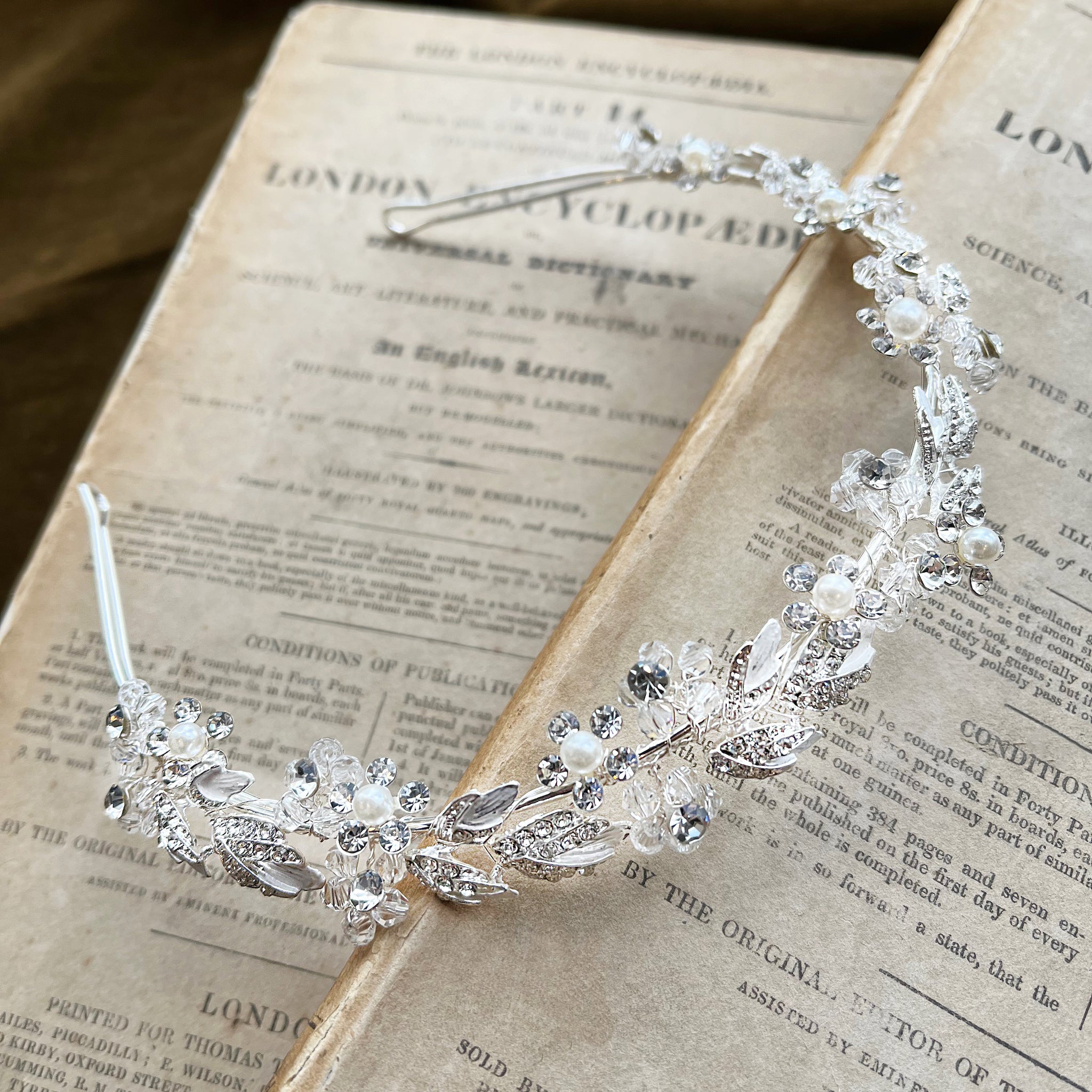 Jules Bridal - Agneta, Silver Crystal Pearl Floral and Foliage Tiara Headband