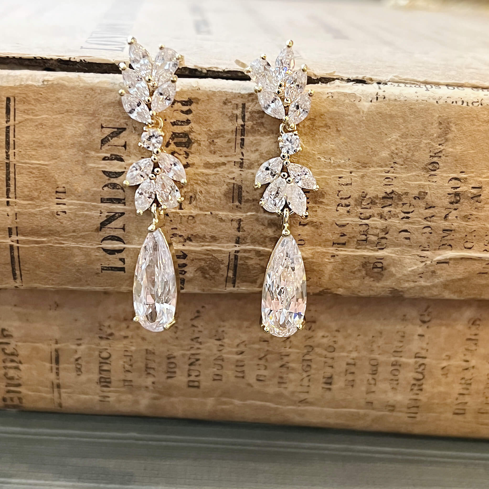 Jules Bridal - Alina, Goldtone Crystal Drop Earrings