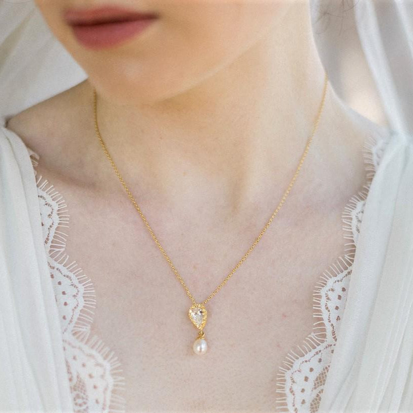 Alisha Jewellery Set, Gold Crystal Teardrop Pearl Earrings with Pendant Necklace
