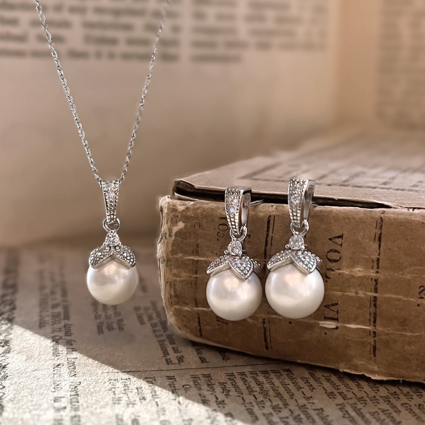 Ariel Wedding Jewellery Set, Silver Crystal Pearl Drop Earrings with Pendant Necklace