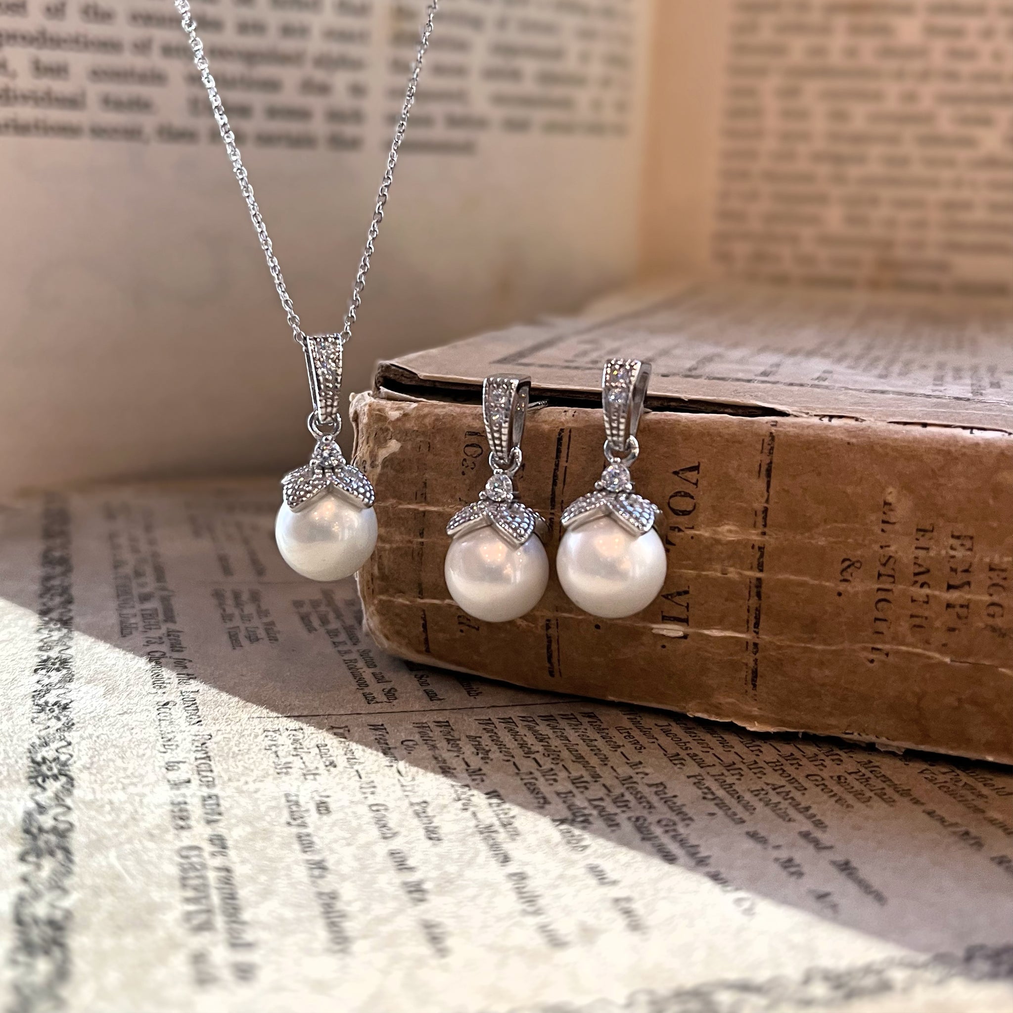 Ariel Wedding Jewellery Set, Silver Crystal Pearl Drop Earrings with Pendant Necklace
