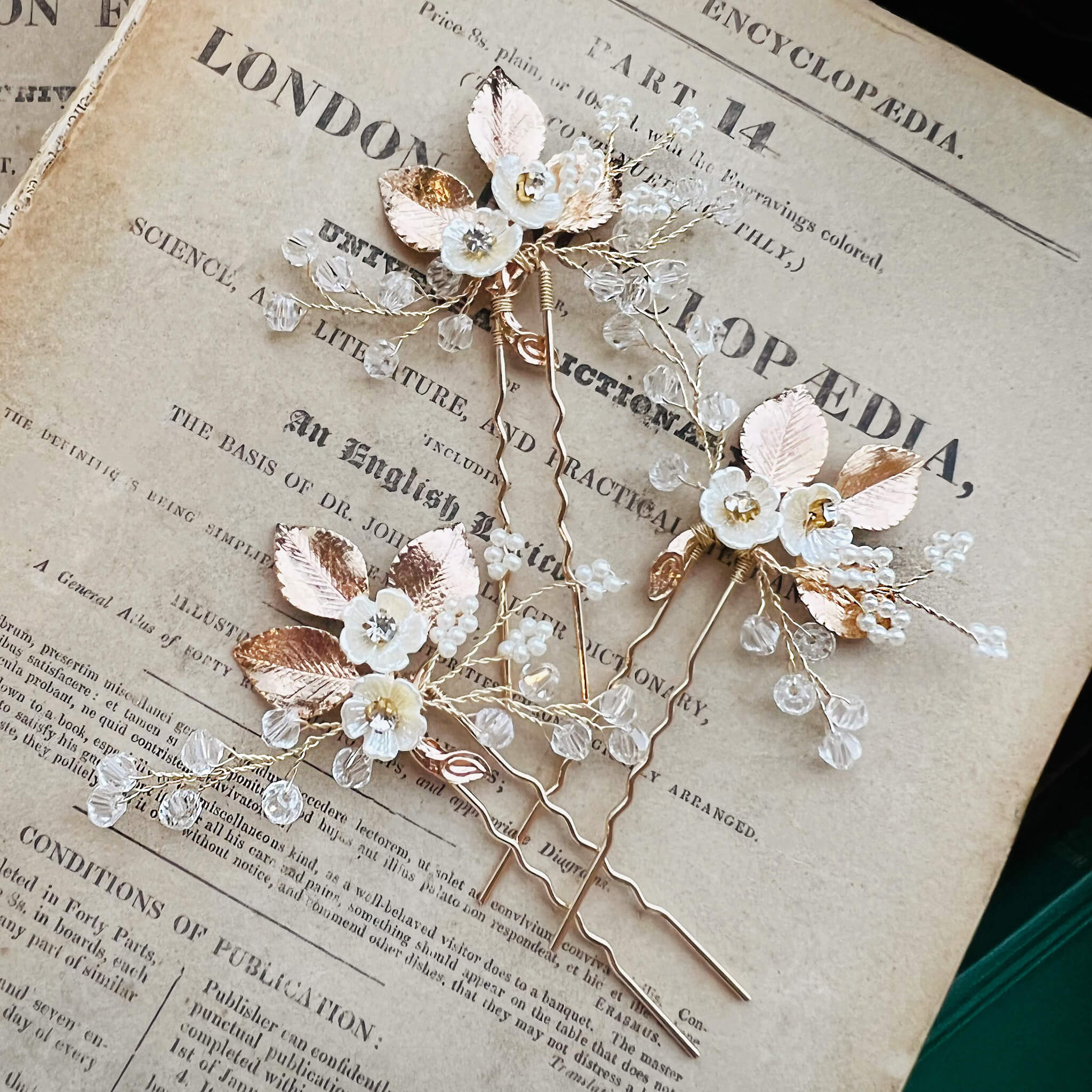 Jules Bridal - Bergdis, Golden Floral Beaded Hair Pin Set