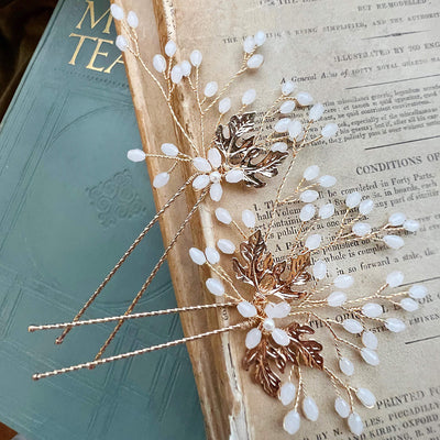 Jules Bridal - Brigit, Golden Leaf Ivory Hair Pin Set