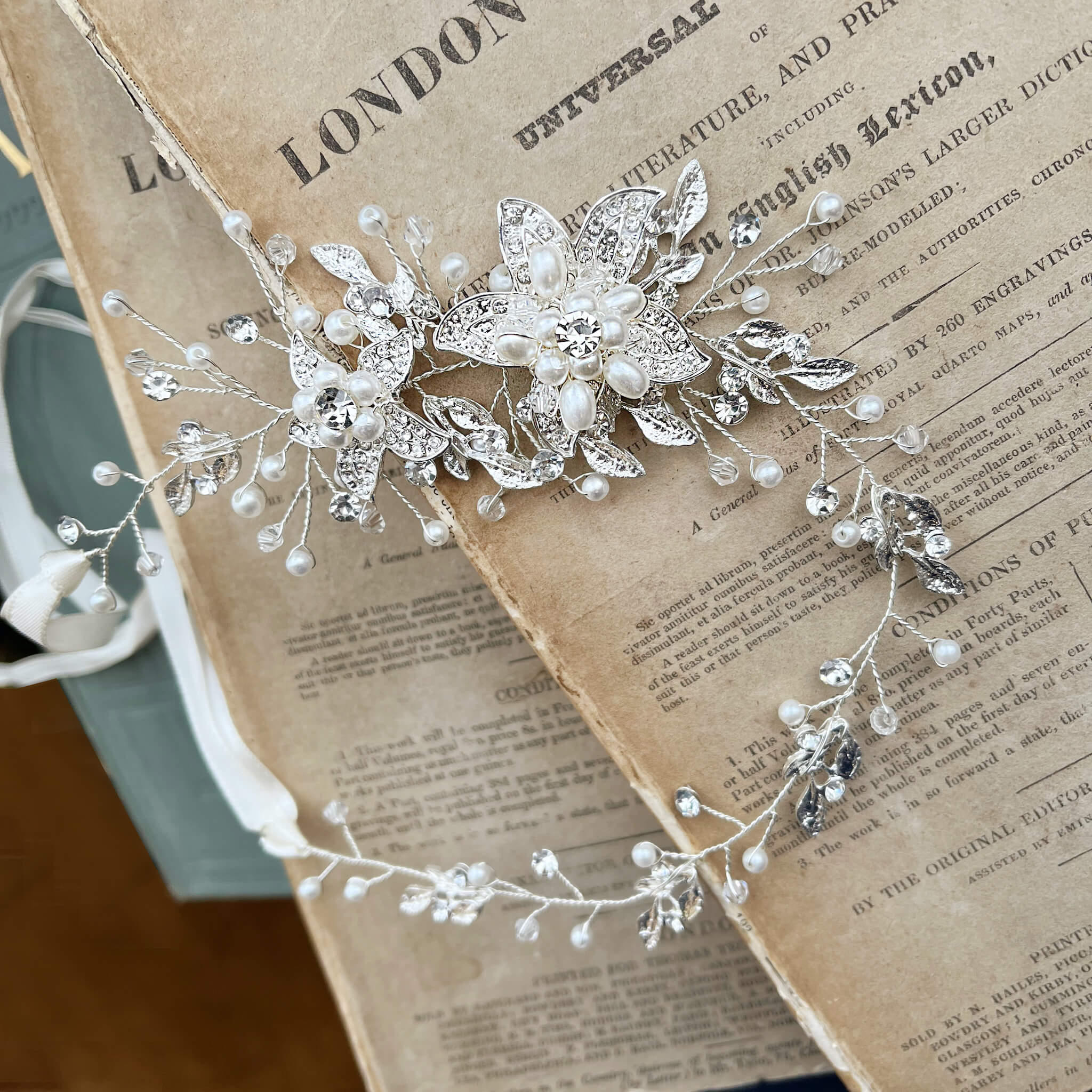 Jules Bridal - Calytrix, Crystal Encrusted Floral Hair Vine in Silver