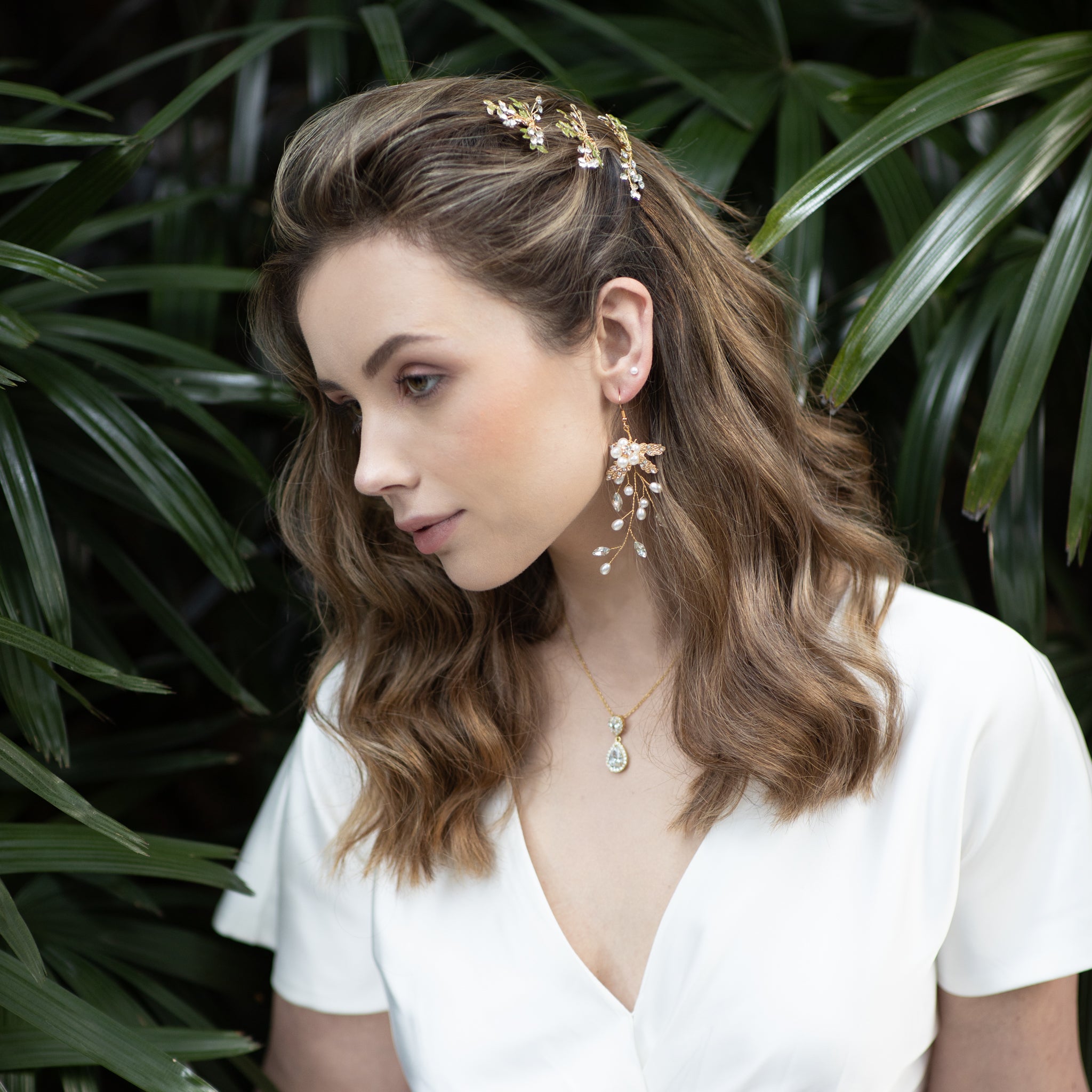 Jules Bridal - Carin, Floral Goldtone Pearl & Crystal Earrings