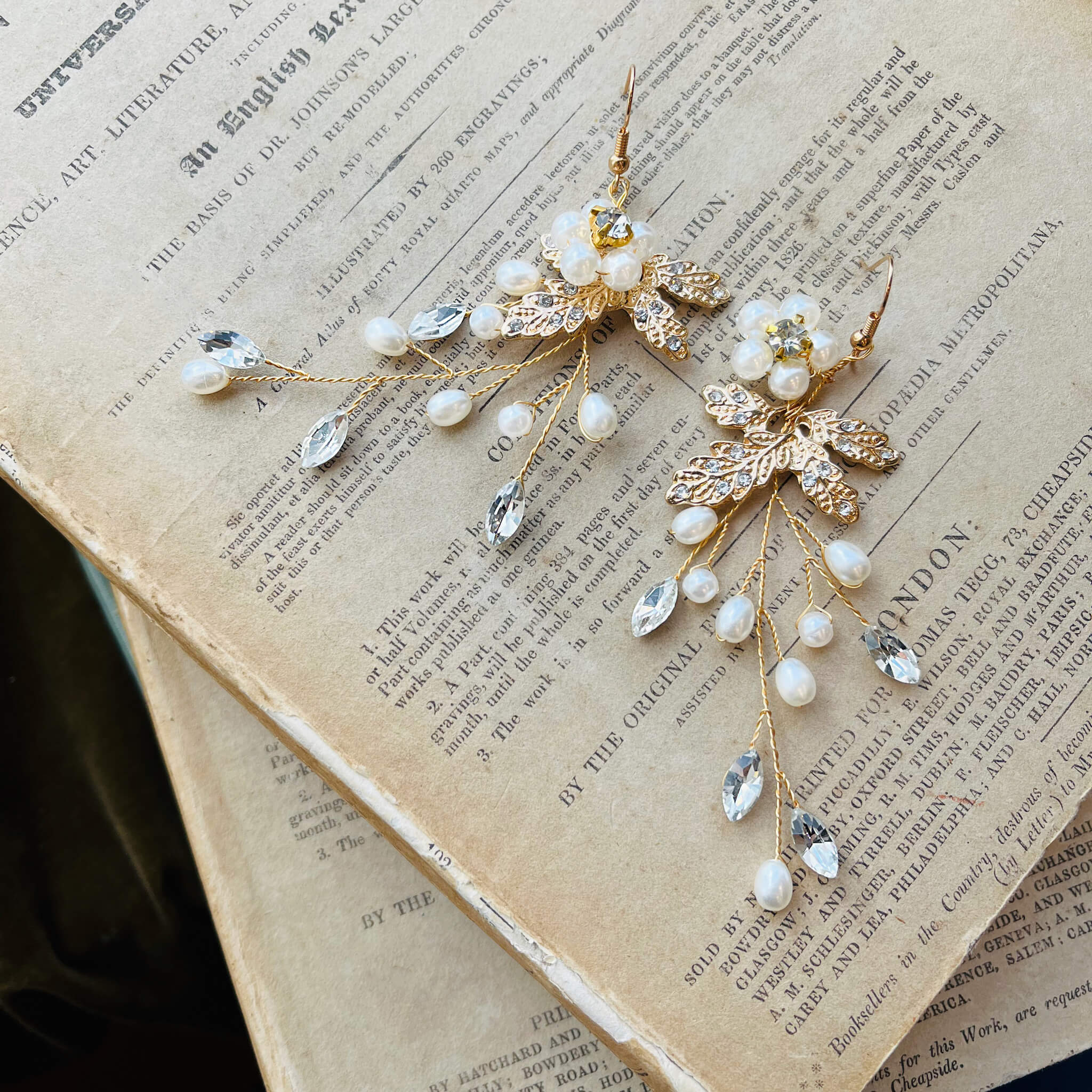 Jules Bridal - Carin, Floral Goldtone Pearl & Crystal Earrings