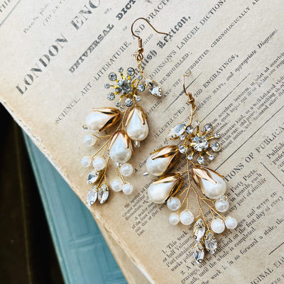 Jules Bridal - Carita, Gold Pearl & Crystal Floral Earrings