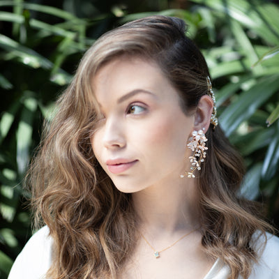 Jules Bridal - Carola, Rose Gold Floral Leaf Pearl & Crystal French-back Earrings