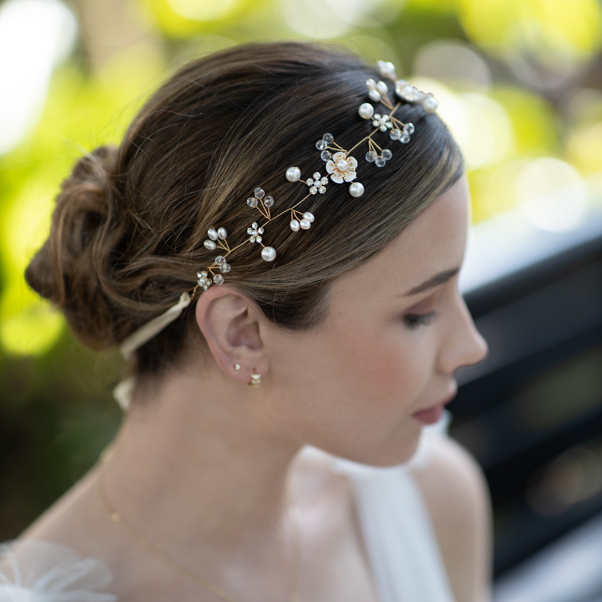 Jules Bridal - Clementine, Floral Hair Vine in Gold with Pearls & Crystals