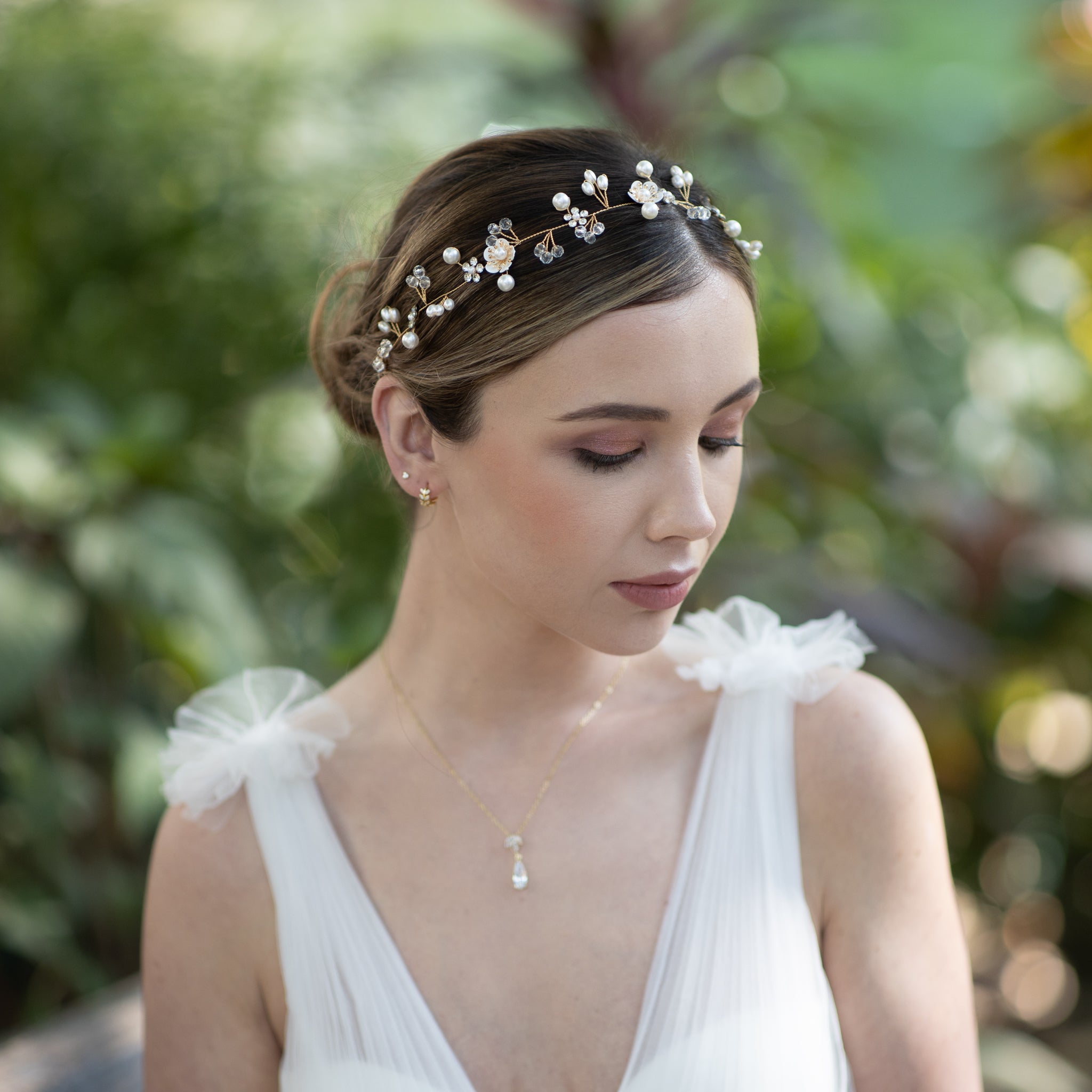 Jules Bridal - Clementine, Floral Hair Vine in Gold with Pearls & Crystals