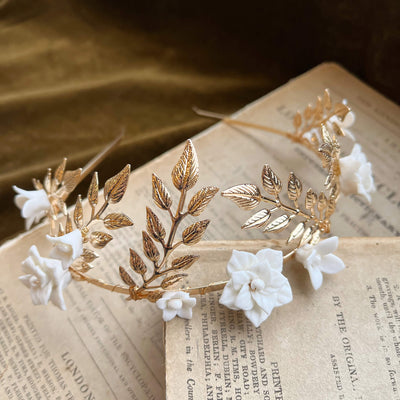 Jules Bridal - Daphne, White Ceramic Flower Laurel Crown Headband in Gold
