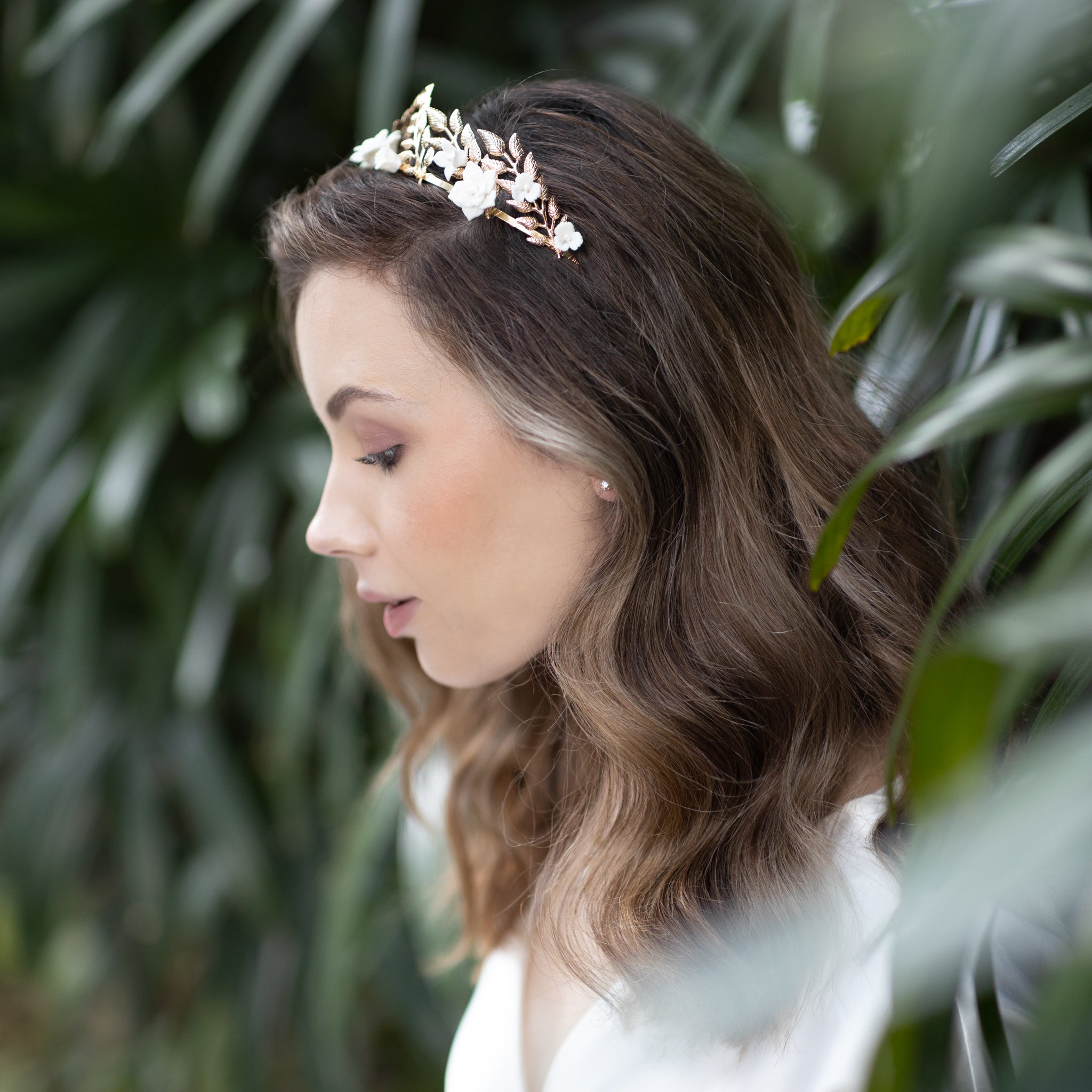 Jules Bridal - Daphne, White Ceramic Flower Laurel Crown Headband in Gold
