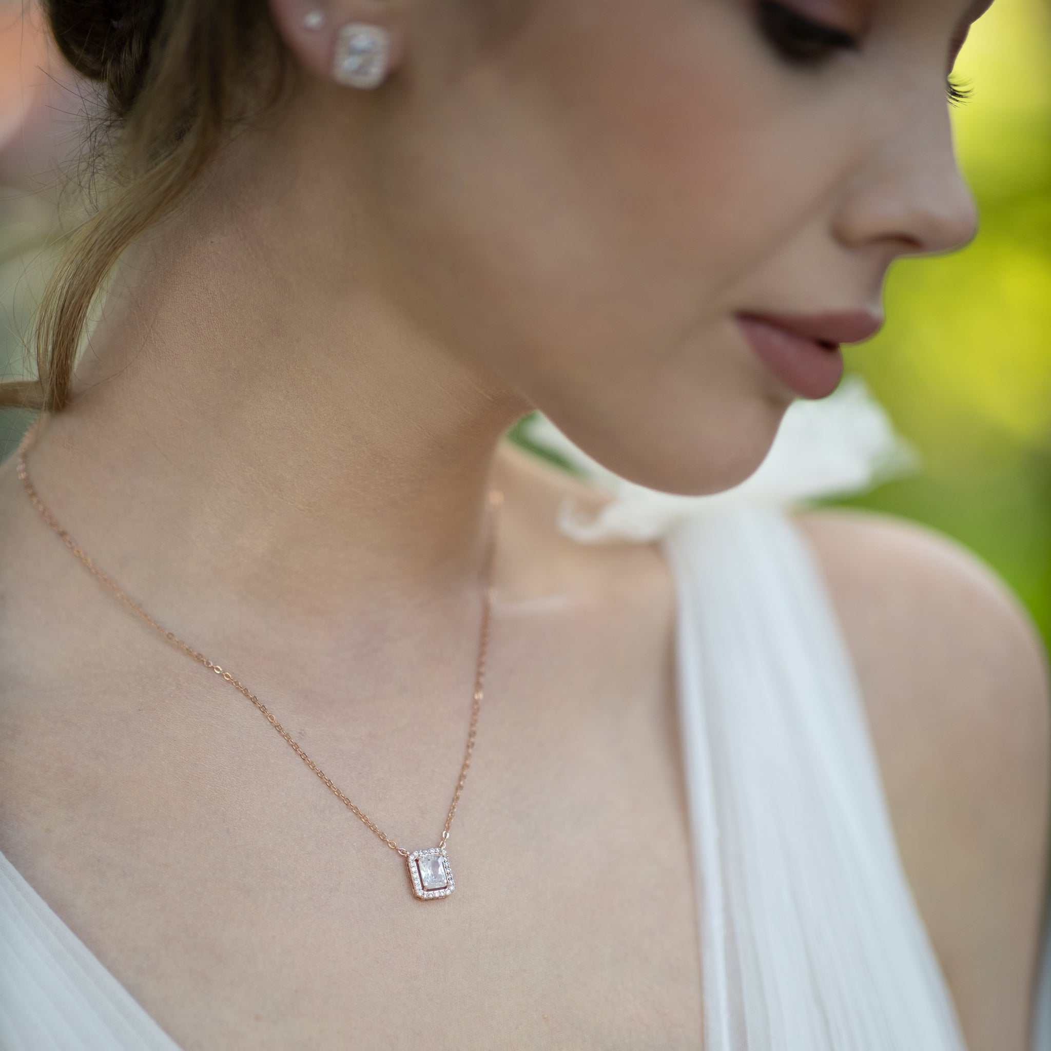 Elsa Emerald Cut Jewellery Set, Rose Gold Crystal Earrings with Necklace