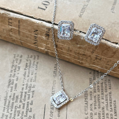 Elsa, Emerald Cut Crystal Earrings and Necklace Set in Silver