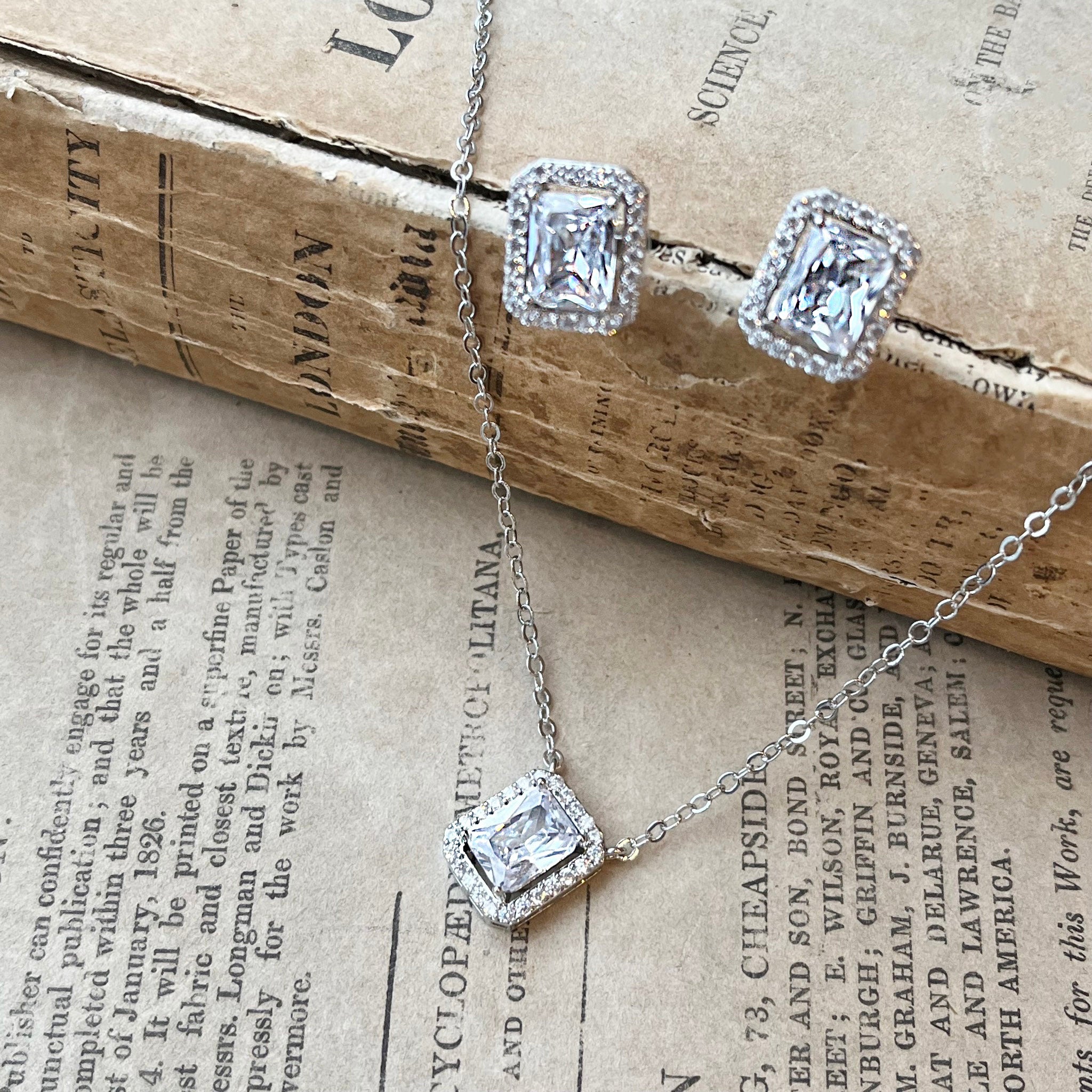 Elsa, Emerald Cut Crystal Earrings and Necklace Set in Silver