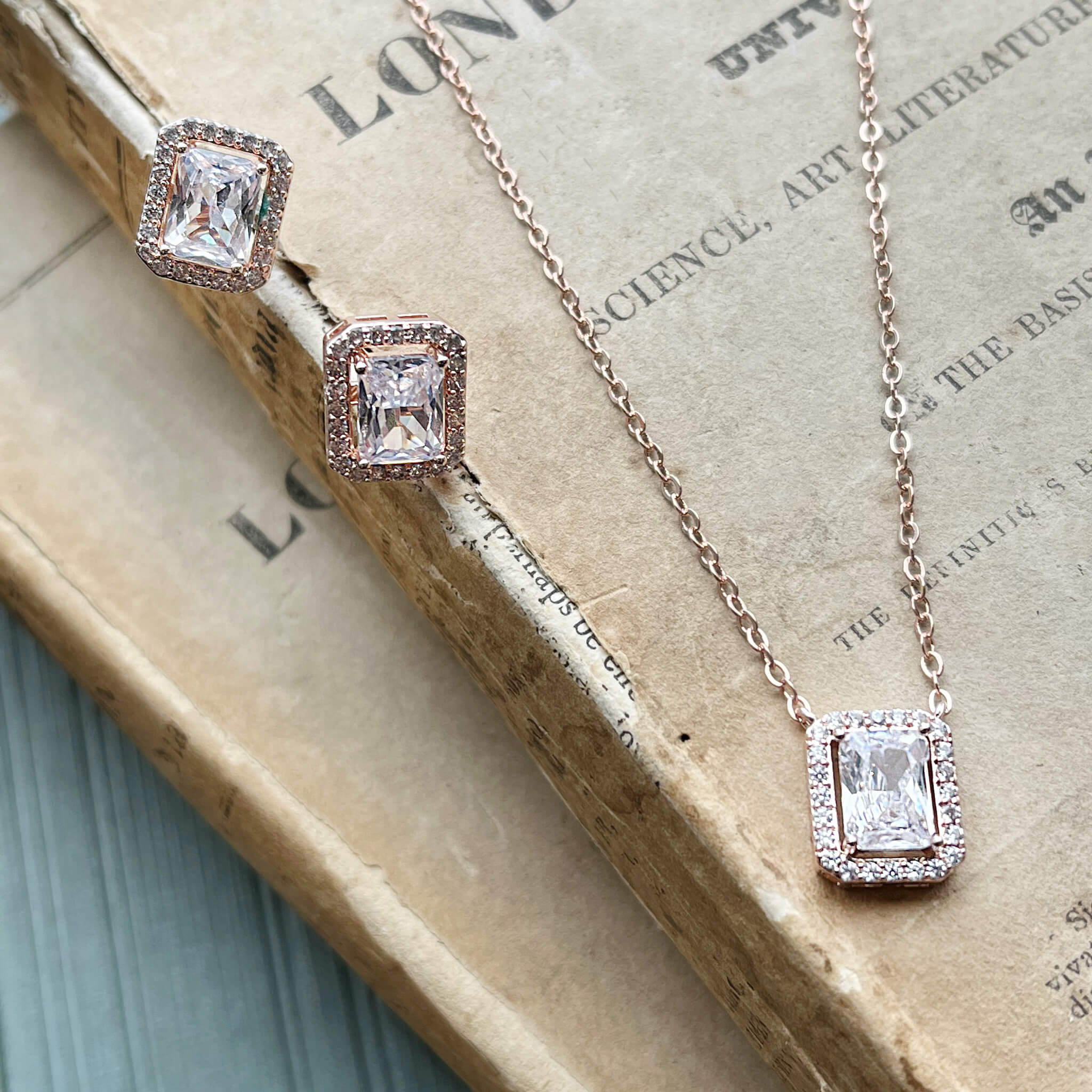 Elsa, Rose Gold Emerald Cut Crystal Earrings and Necklace Set