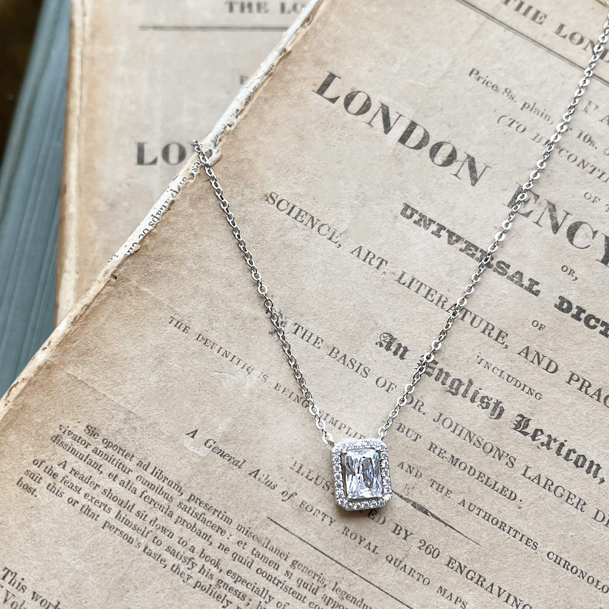 Elsa, Silvertone Emerald Cut Crystal Necklace