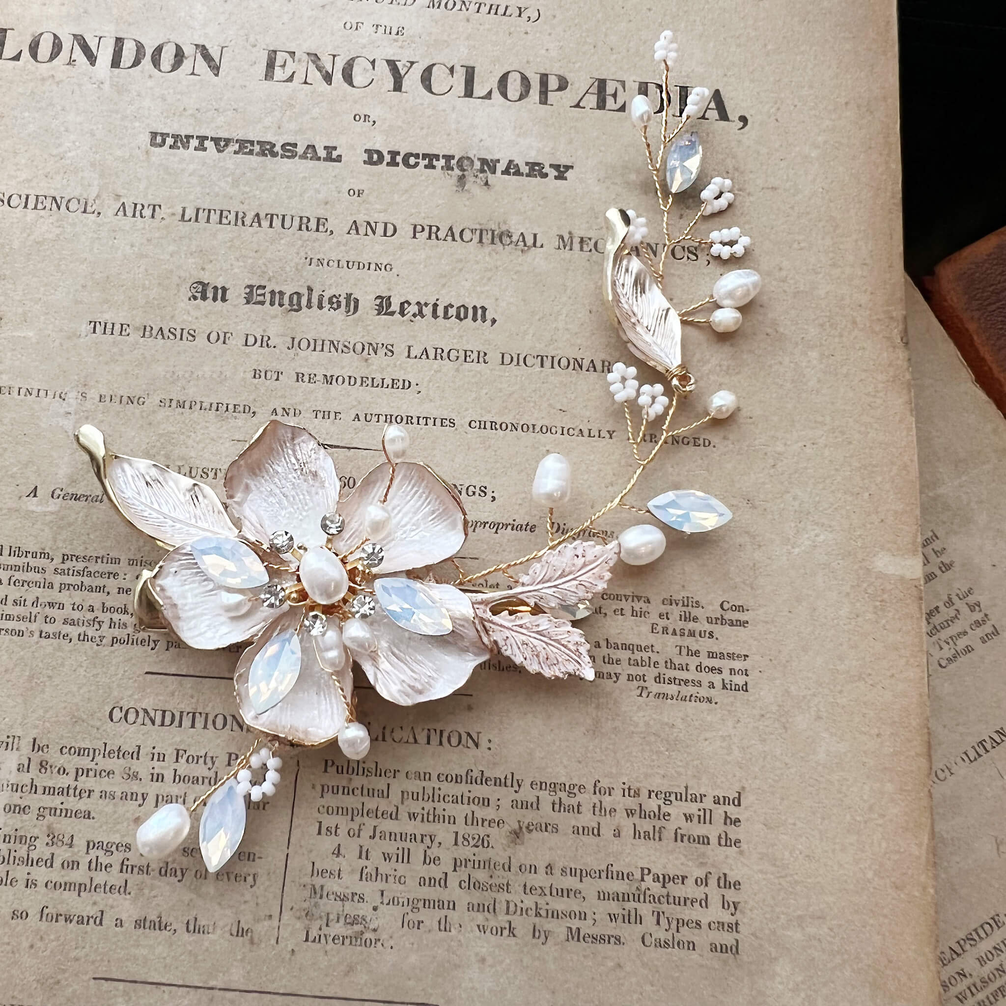 Jules Bridal - Emilia, Pearl & Opal Floral Hair Clip in Gold