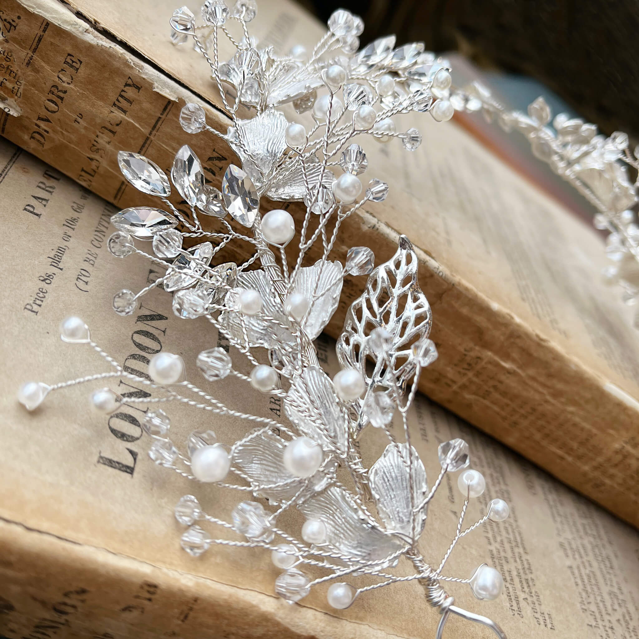 Jules Bridal - Grizel, Grecian Goddess Hair Vine in Silver with Crystals and Pearls