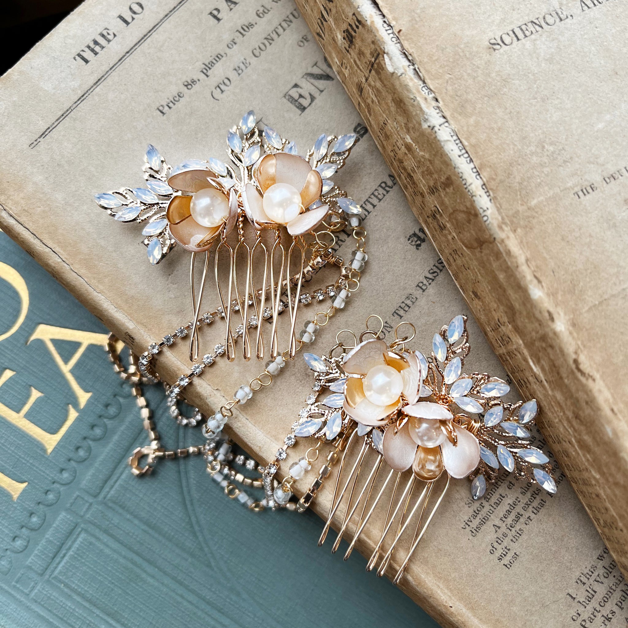 Jules Bridal - Haisley, Goldtone Vintage Design Hair Drape with Pearl Flower Blossoms and Opal