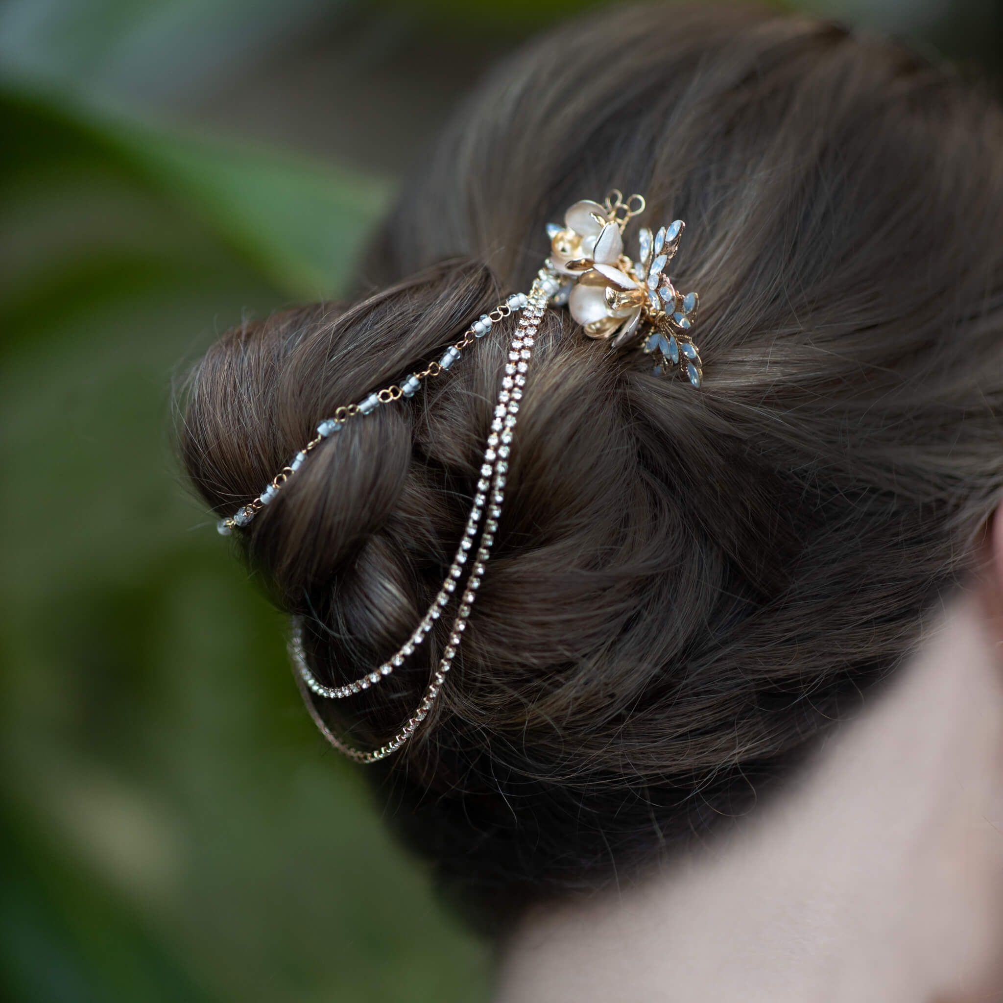 Jules Bridal - Haisley, Goldtone Vintage Design Hair Drape with Pearl, Flower Blossoms and Opal