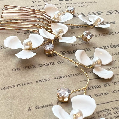 Jules Bridal - Hedda, Floral Hair Comb in Gold with Crystals & Pearls