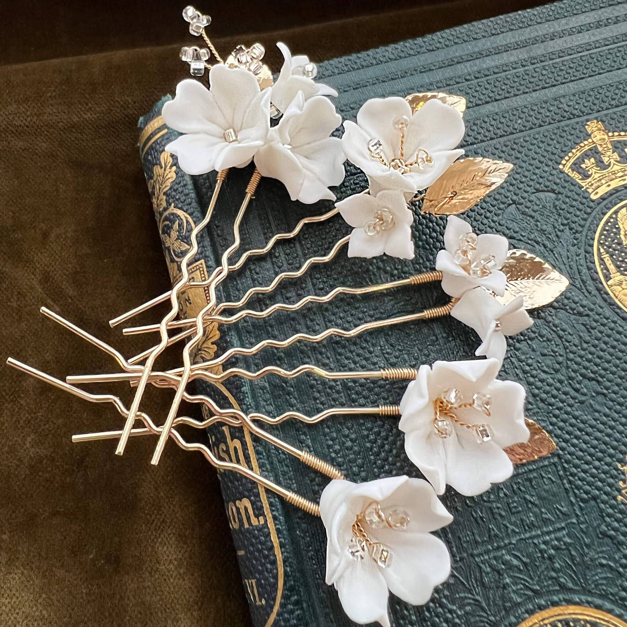 Jules Bridal - Kalmia, White Ceramic Floral Hair Pin Set