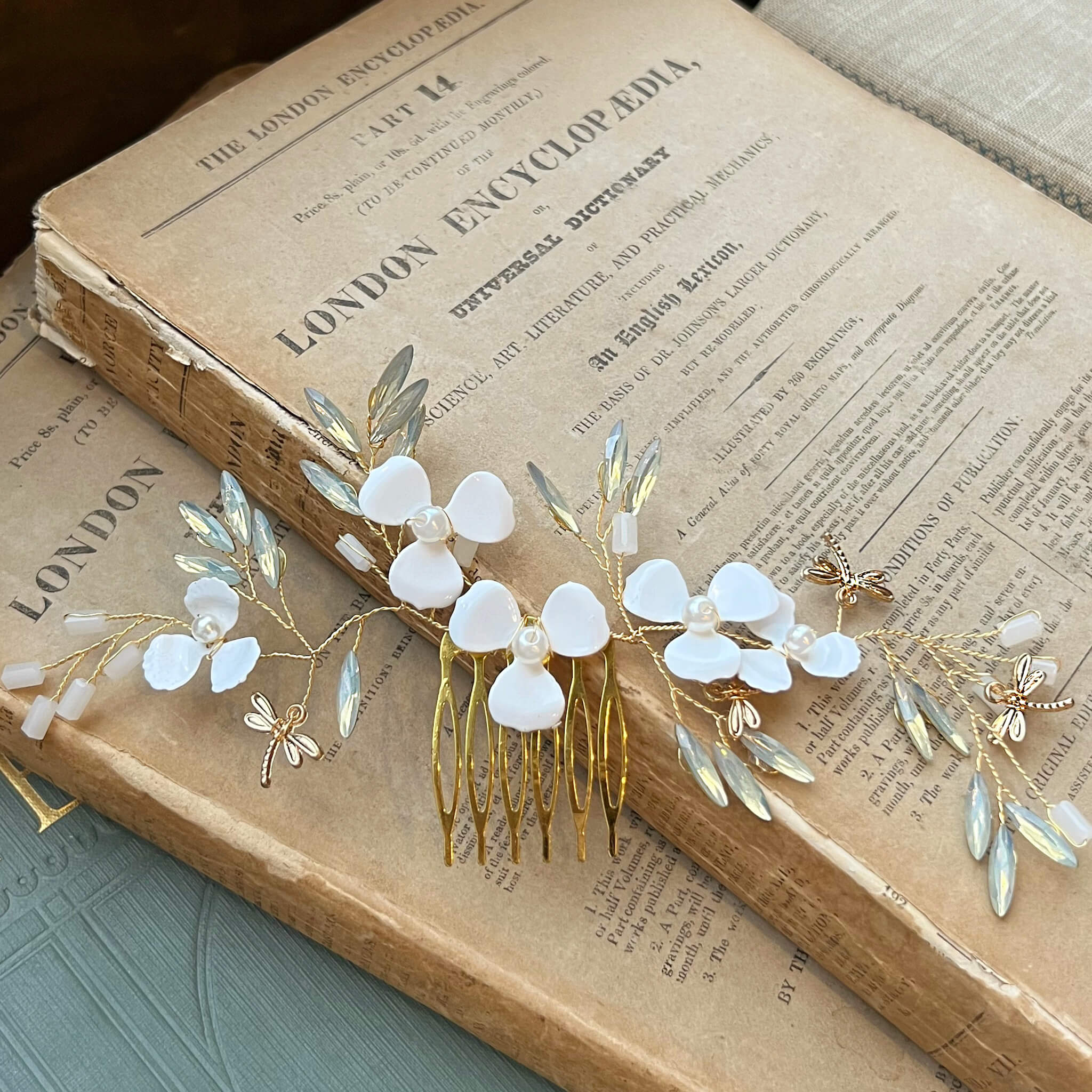 Jules Bridal - Kirstie, Goldtone Floral Hair Comb with Dragonfly Motifs