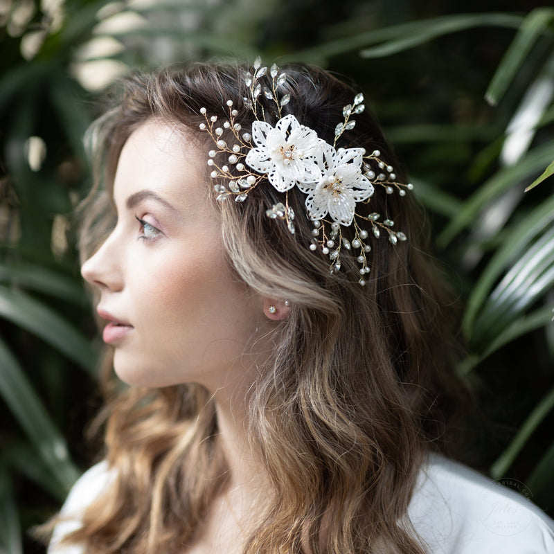 Leilani Floral Hair Vine in Gold with Crystals & Pearls