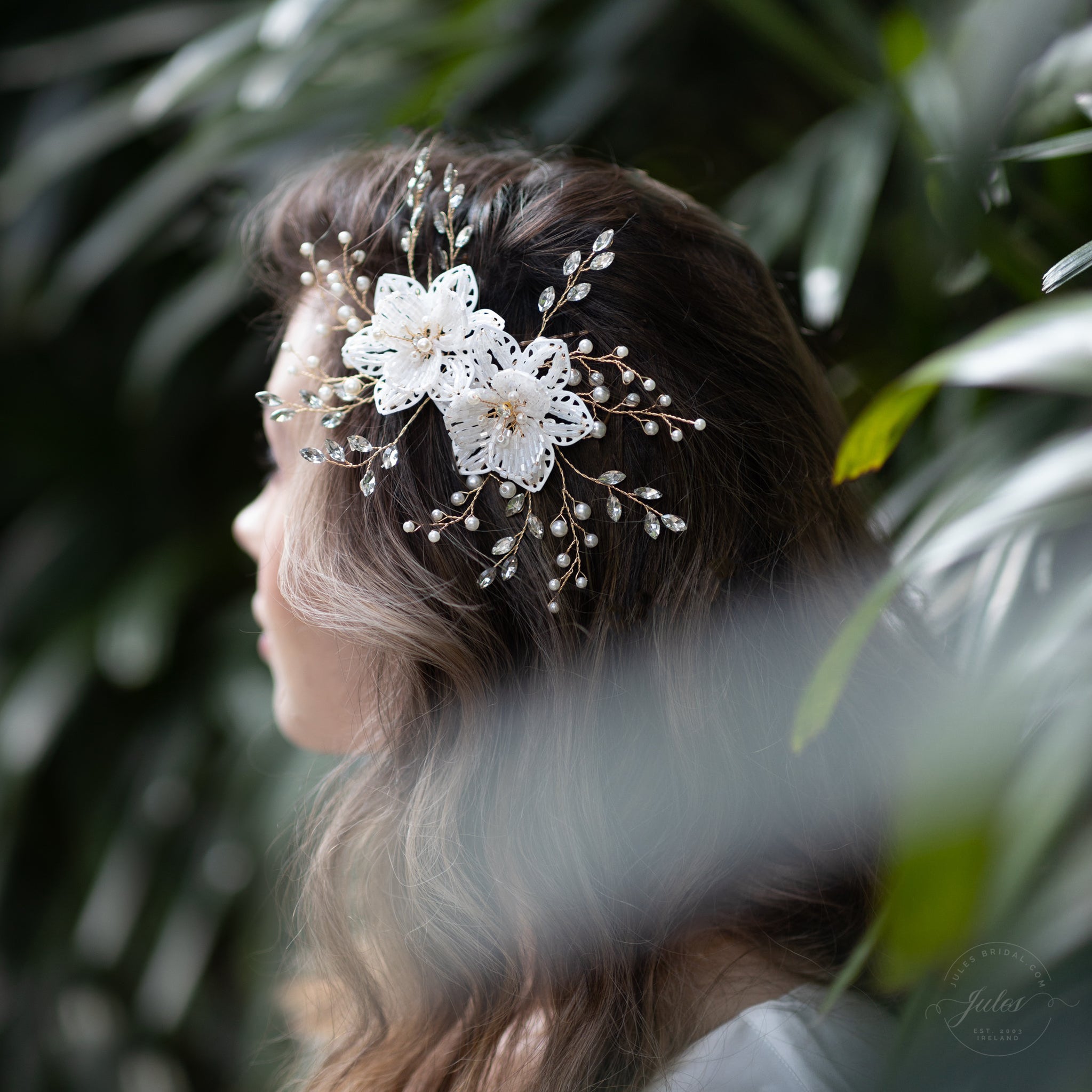 Jules Bridal - Leilani, Floral Hair Vine in Gold with Crystals & Pearls