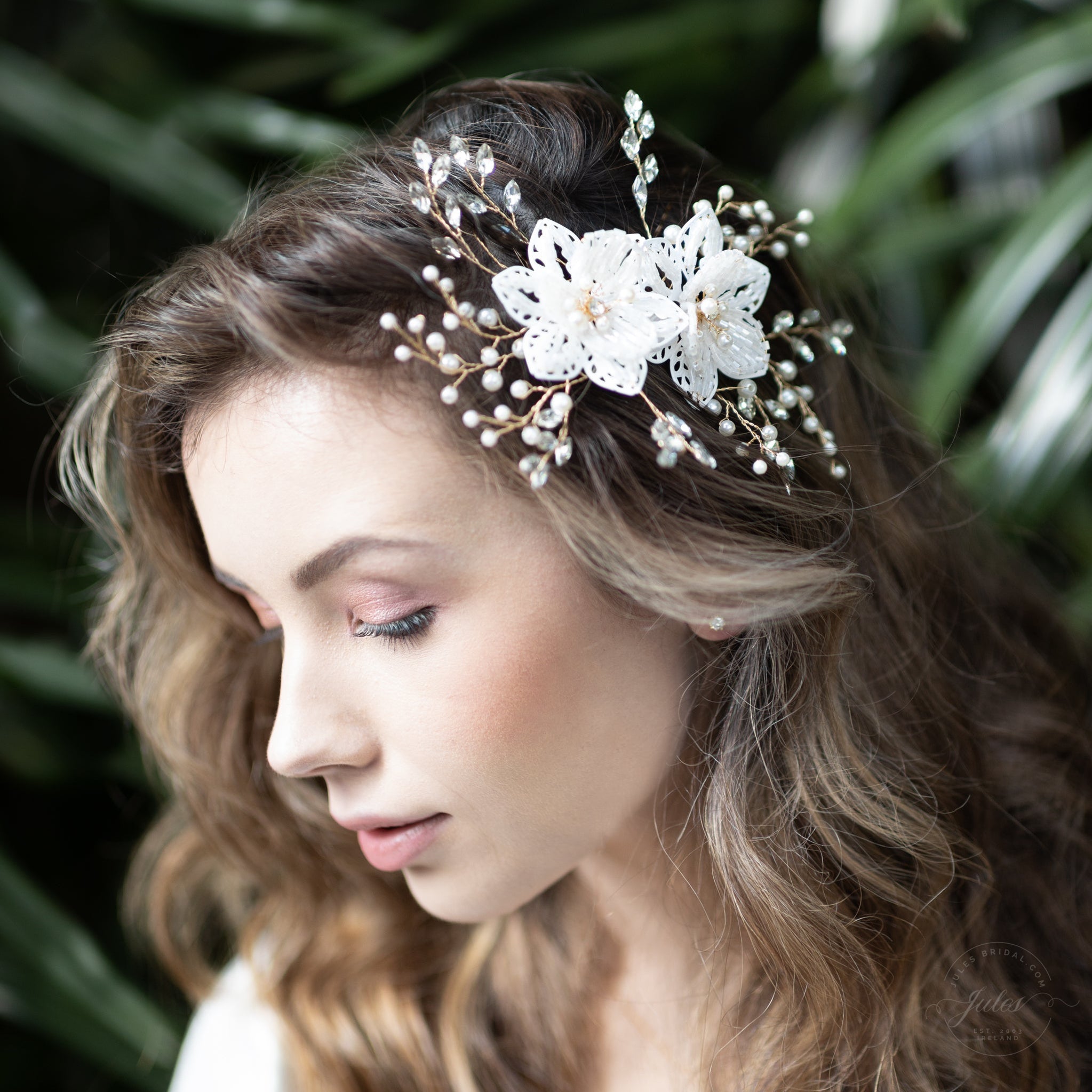 Jules Bridal - Leilani, Floral Hair Vine in Gold with Crystals & Pearls