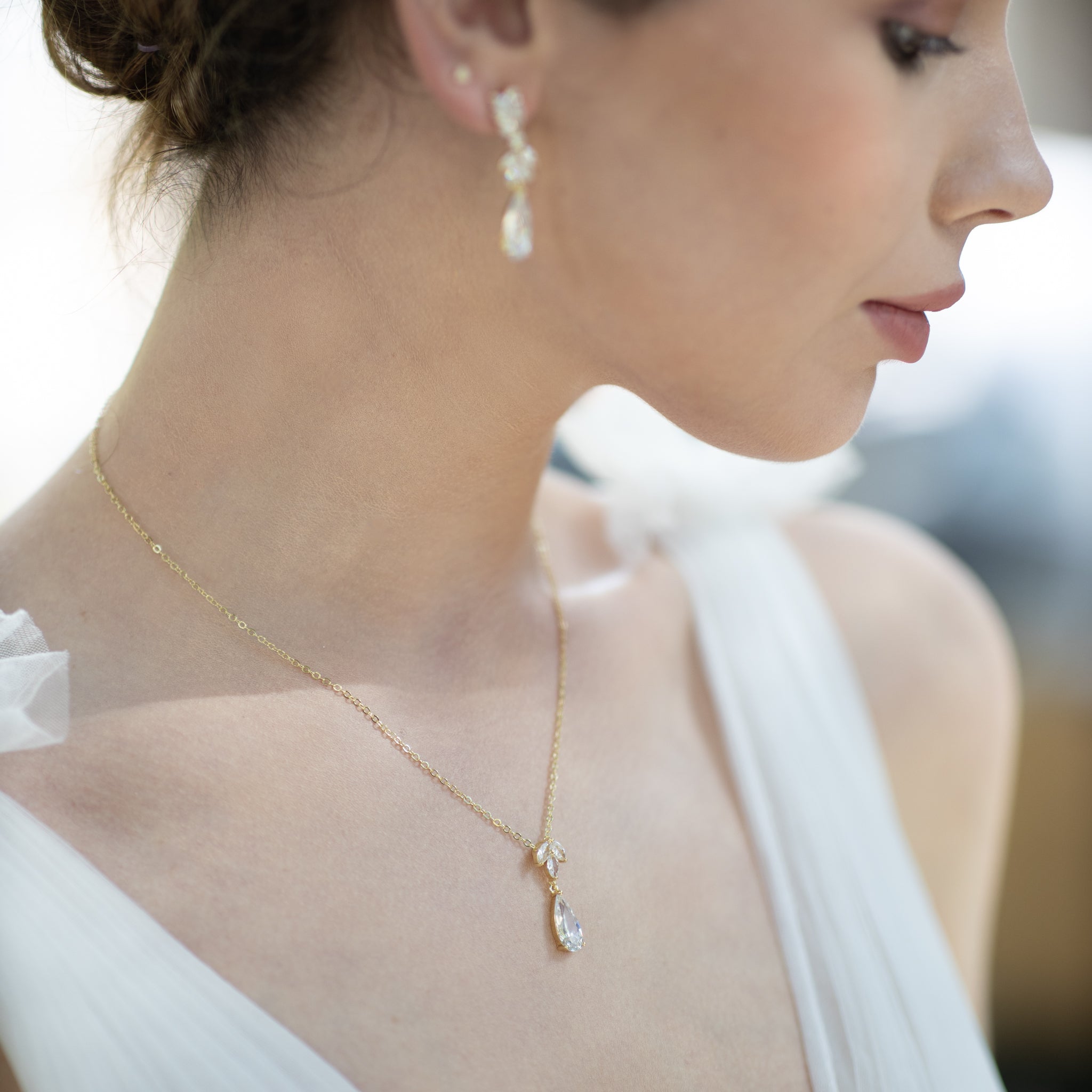 Jules Bridal - Alina, Goldtone Crystal Drop Pendant Necklace