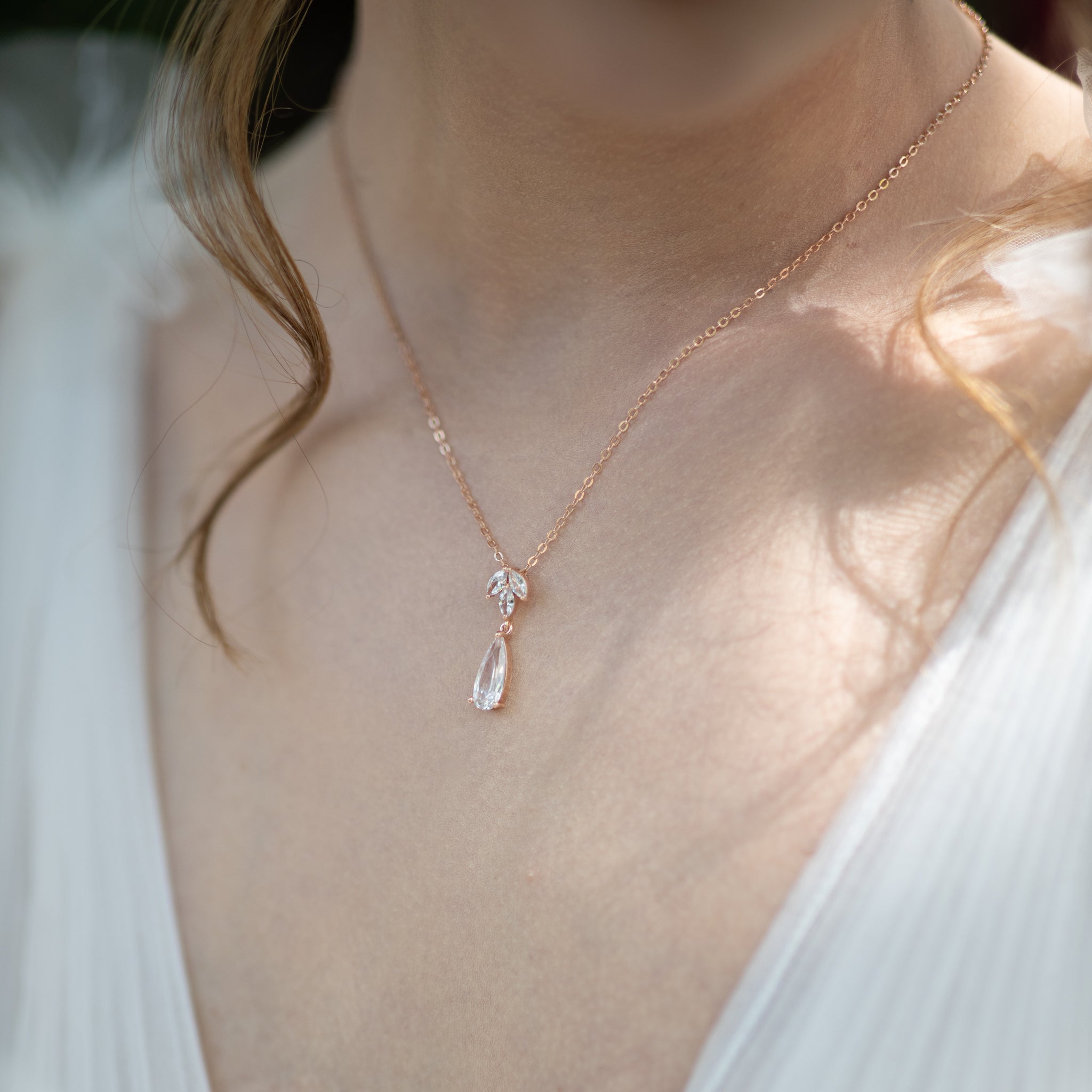 Jules Bridal - Alina, Rose Gold Crystal Drop Pendant Necklace