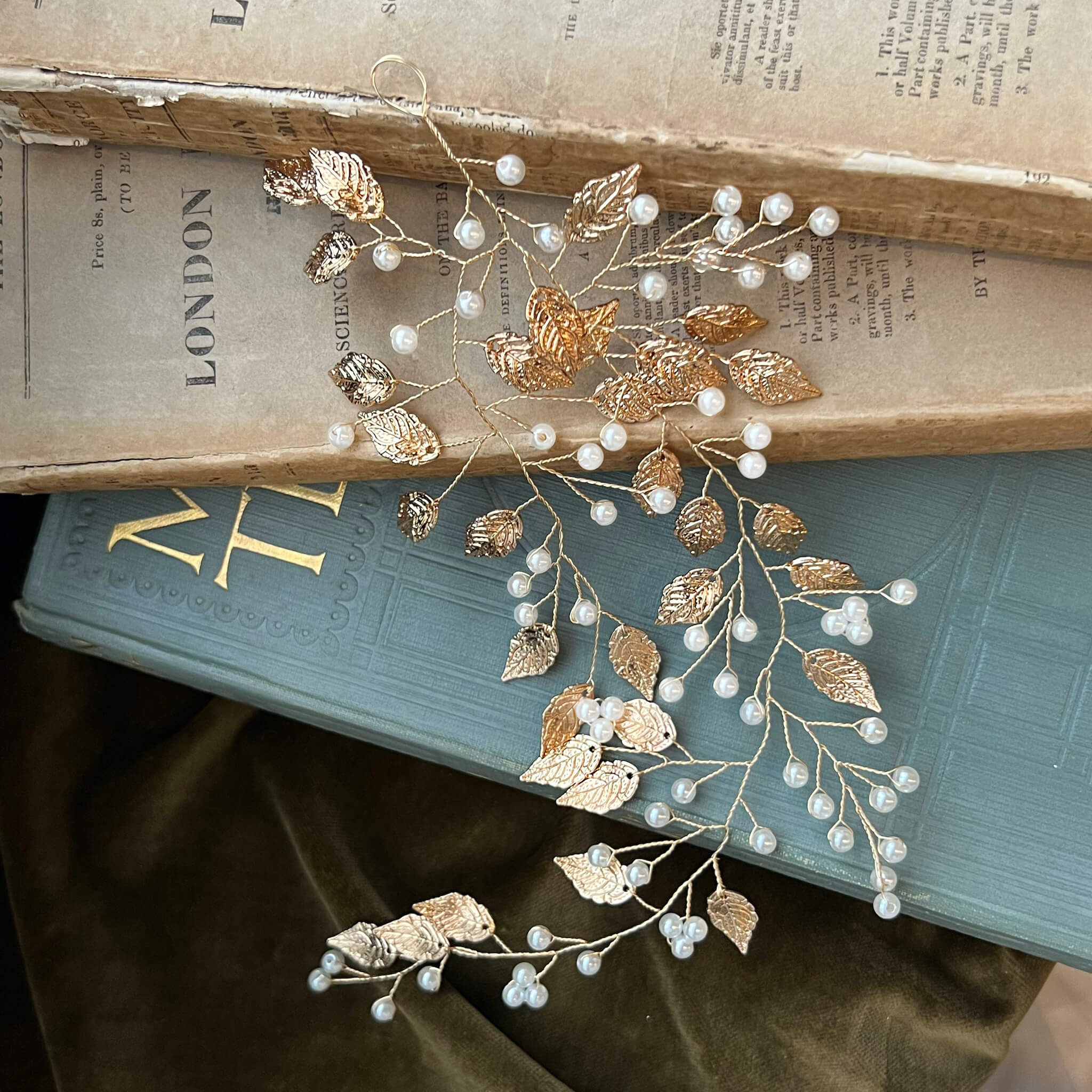 Jules Bridal - Liana, Golden Leaf Hair Vine with Pearls