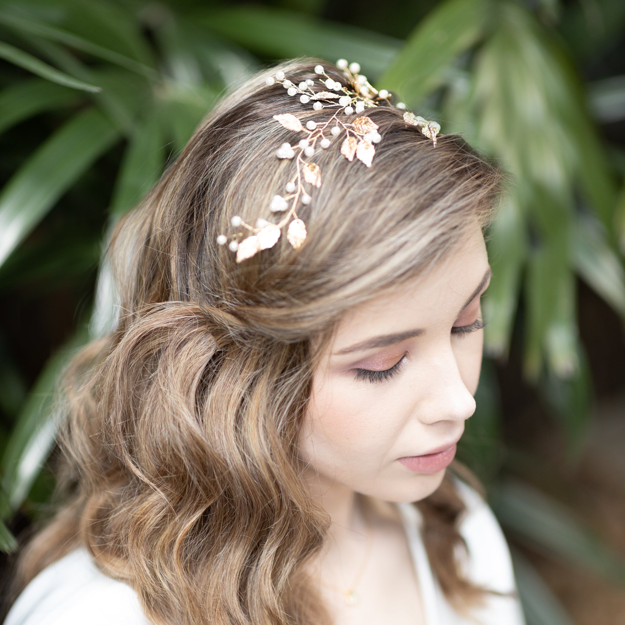 Jules Bridal - Liana, Golden Leaf Hair Vine with Pearls