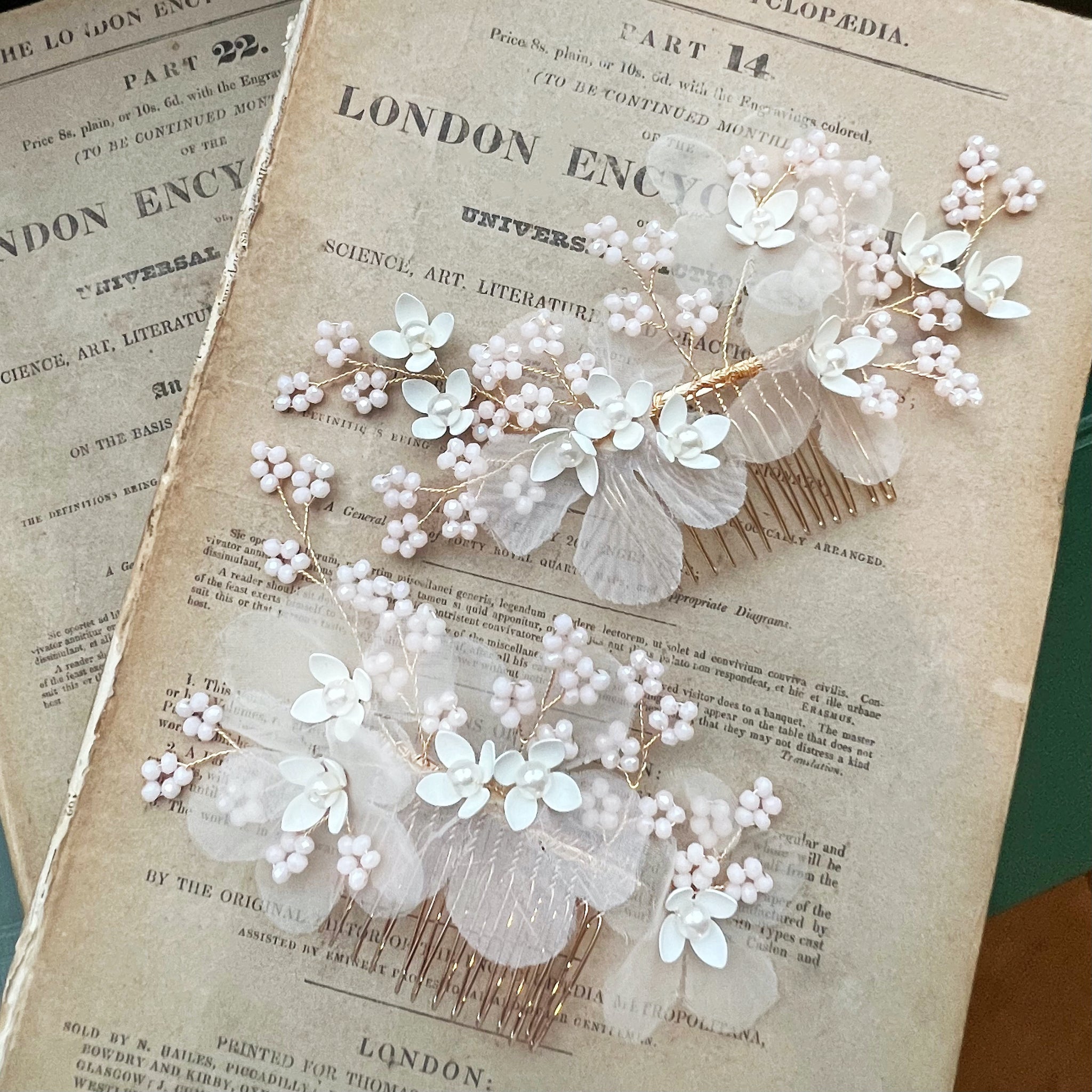 Jules Bridal - Lilac, Chiffon Floral Hair Comb with Pearls & Beading Set