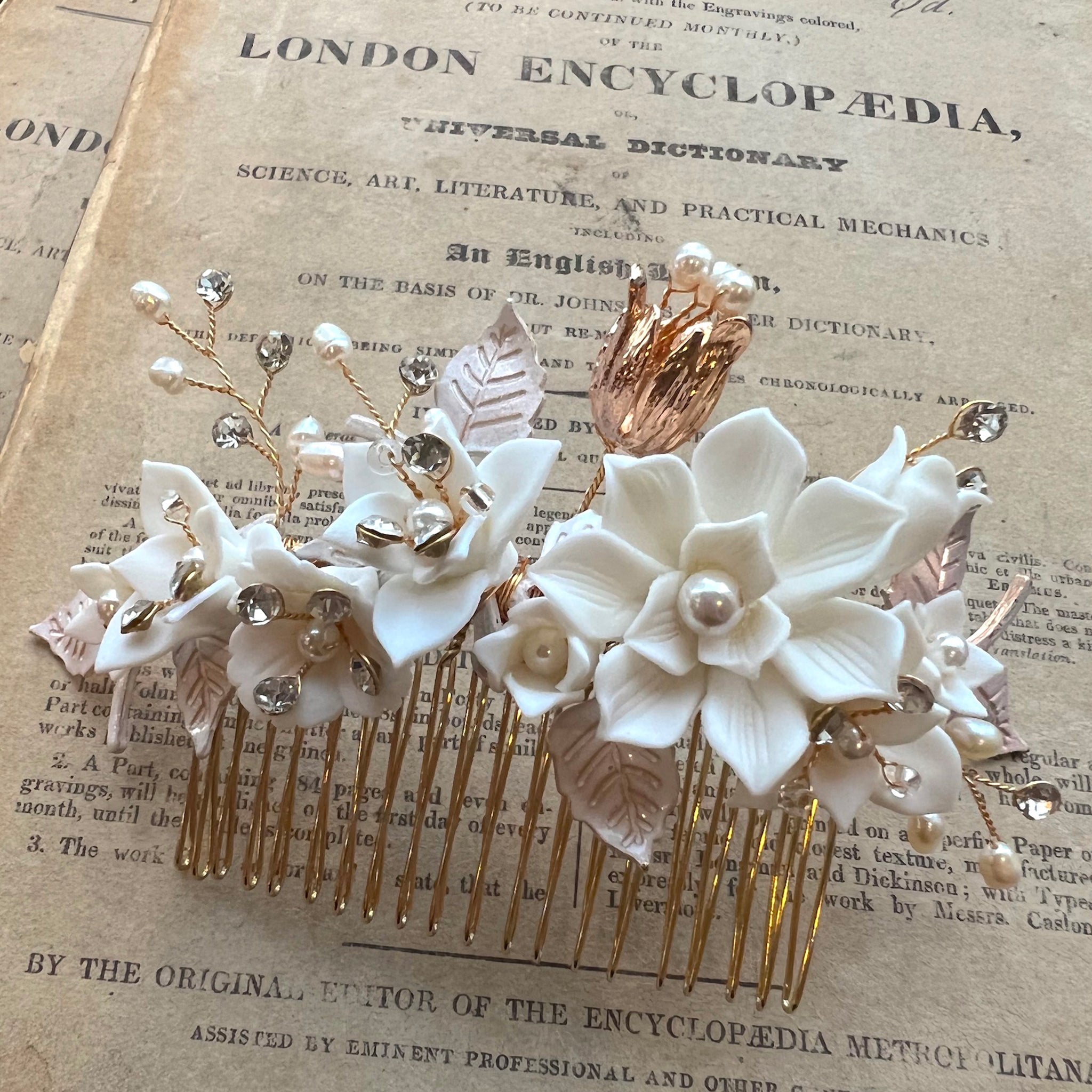 Jules Bridal - Madlen, White Ceramic Floral Hair Comb in Gold